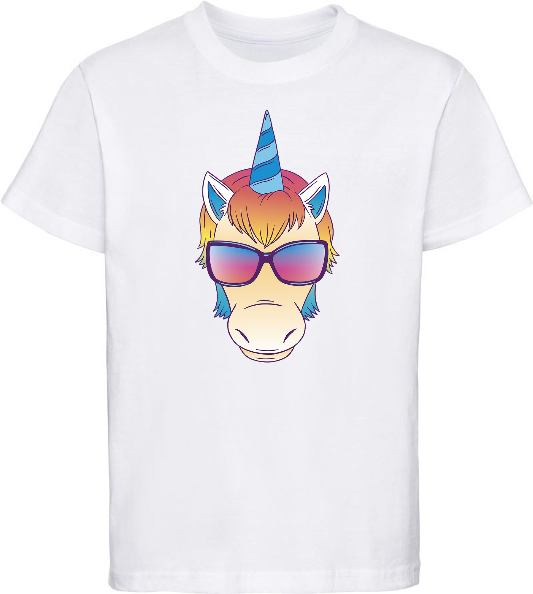 MyDesign24 T-Shirt Kinder Print Shirt bedruckt - Einhorn Kopf mit Sonnenbrille Baumwollshirt mit Aufdruck, i255 weiss
