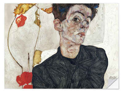 Posterlounge Wandfolie Egon Schiele, Selbstbildnis mit Lampionfrüchten, Wohnzimmer Malerei