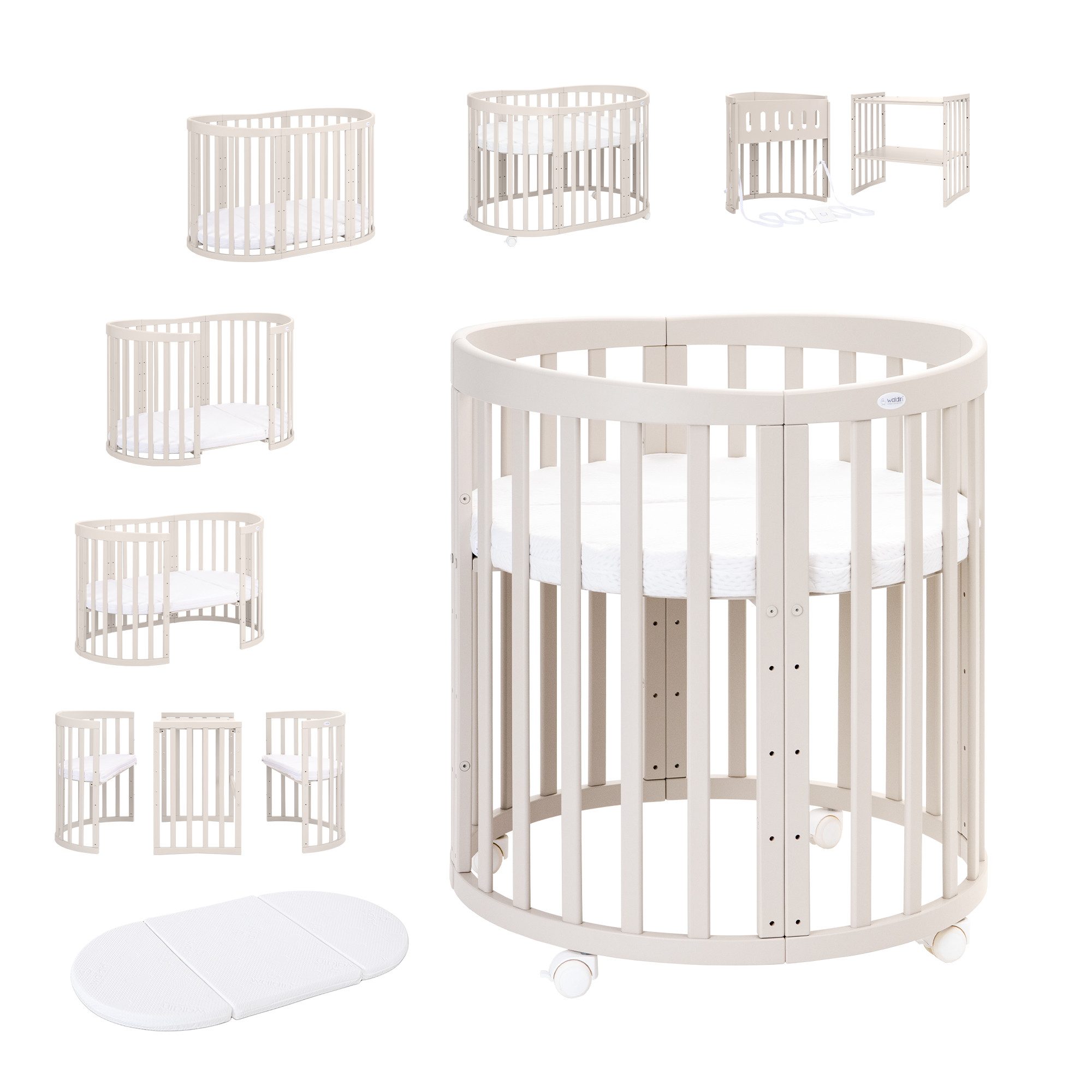 Waldin Babybett Mobiles Babybett OWAL aus Holz 7in1 mit Matratze, mitwachsend