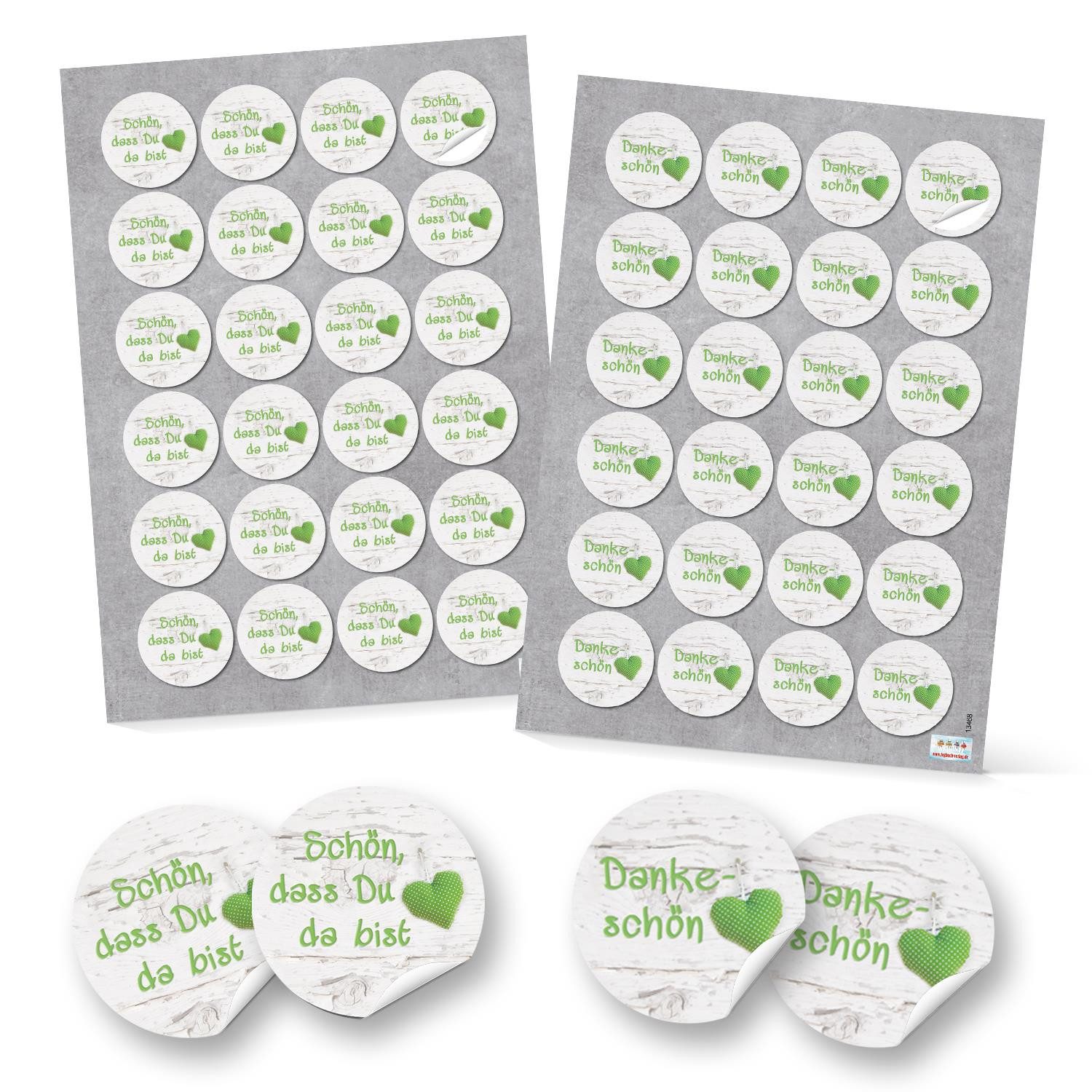 Logbuch-Verlag Aufkleber SET 2 x 24 SCHÖN DASS DU DA BIST + DANKESCHÖN Aufkleber rund 4 cm HERZ