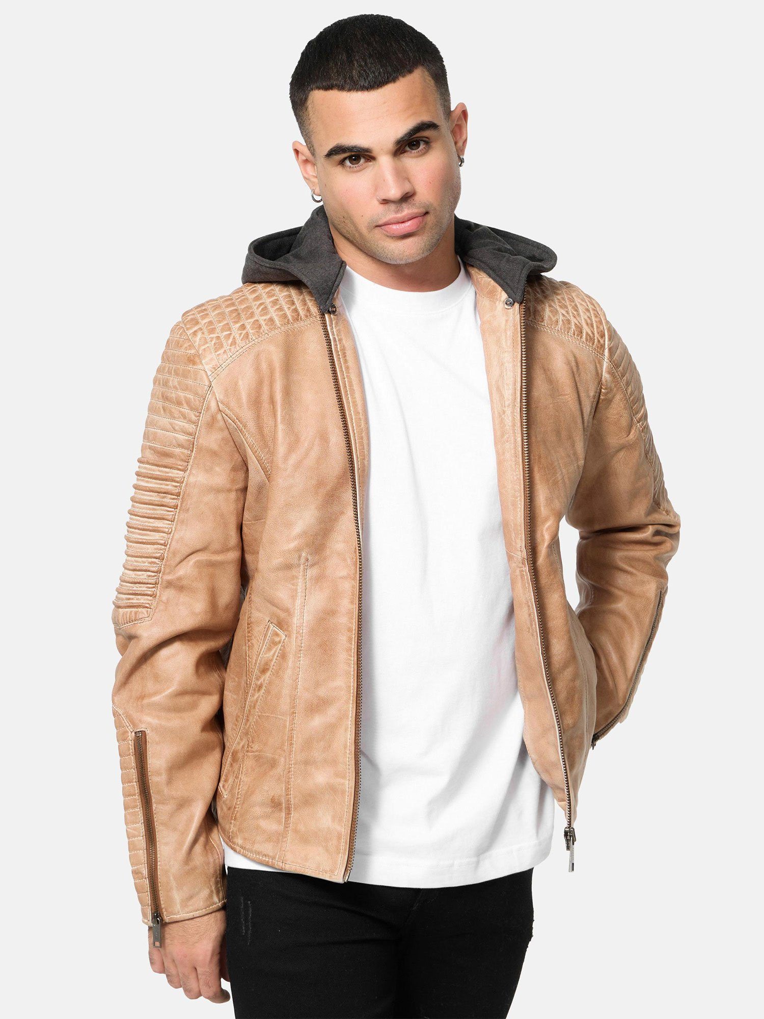 Tazzio Lederjacke A800 Biker-Look mit abnehmbarer Kapuze camel