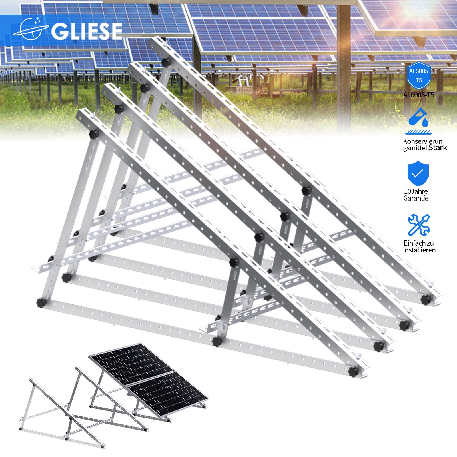 GLIESE Solarmodul-Halterung Solarmodule Halterung balkonkraftwerk halterung Neigungswinkel 0-90°, (bis 46 Zoll, 4-tlg., 118cm Solarmodule Halterung, für Balkon Flachdächern Garten Wohnmobile)