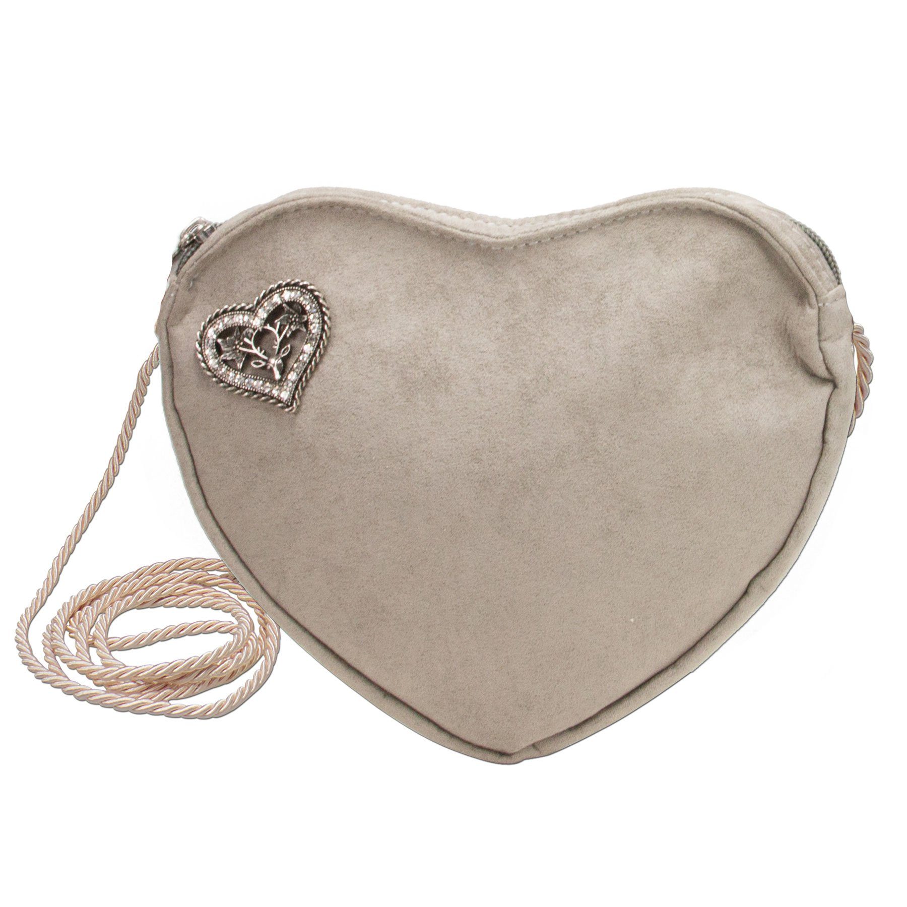 Alpenflüstern Schultertasche Herztasche Strassherz-Hirsch (taupe-grau), - Damen Trachtentasche in Herzform, Schultertasche fürs Dirndl, Herz H