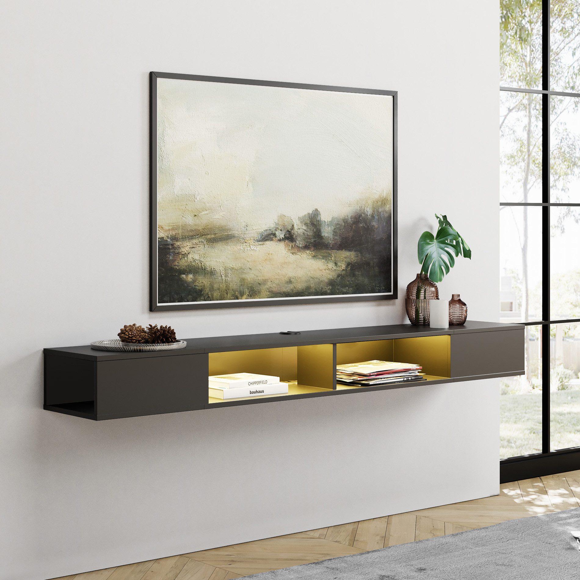 WAMPAT TV-Board hängendes, ca. 180 cm breites Lowboard mit 4 Fächern, LED-Beleuchtung, für Fernseher bis 80 Zoll, offene Seiten, 16 LED-Farben