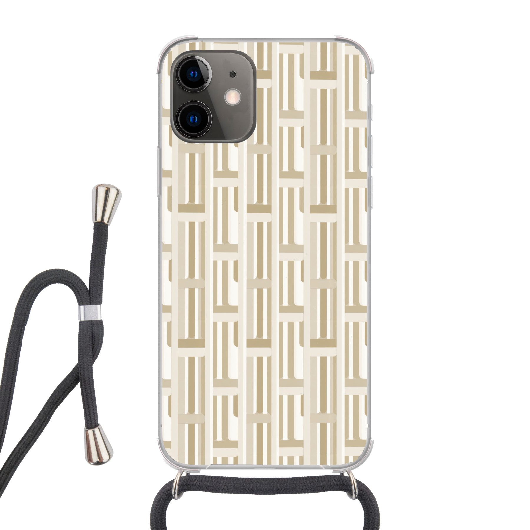 MuchoWow Handyhülle für Apple iPhone 12 Modern - Geometrisch - Beige, Tragbare Handyhüllen mit Kette zum umhängen, Handykette Handyband