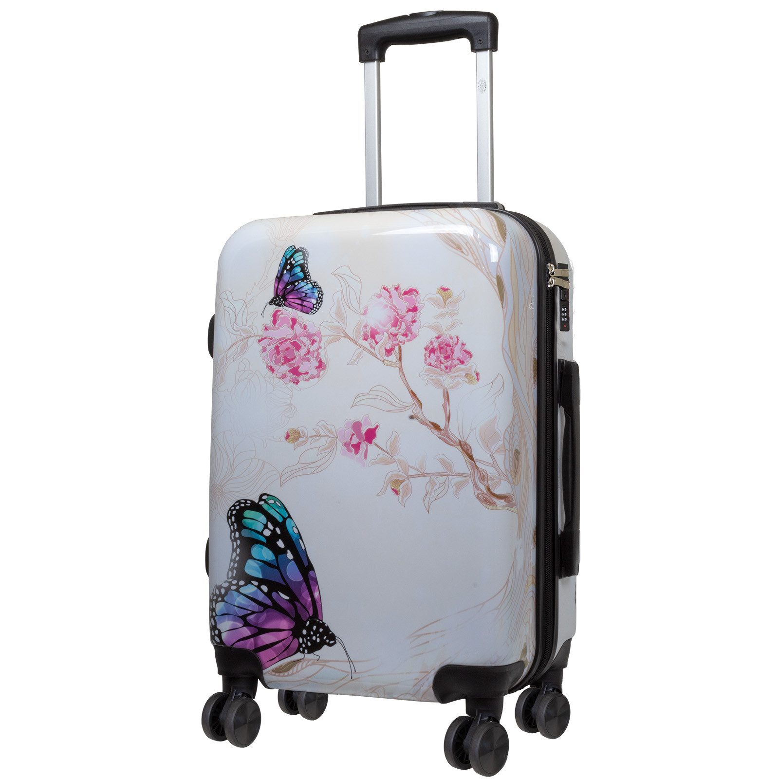 Trendyshop365 Hartschalen-Trolley Hartschalenkoffer mit Schmetterlings-Motiv und Doppelrollen, Zahlenschloss, Dehnfalte, Schmetterling