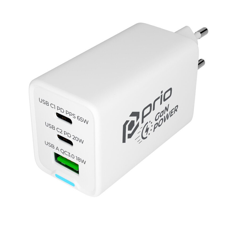 prio prio Wandladegerät GaN Power 65W PD PPS (USB C) + QC 3.0 (USB A) weiß Smartphone-Ladegerät (Ladegerät, 1-tlg)