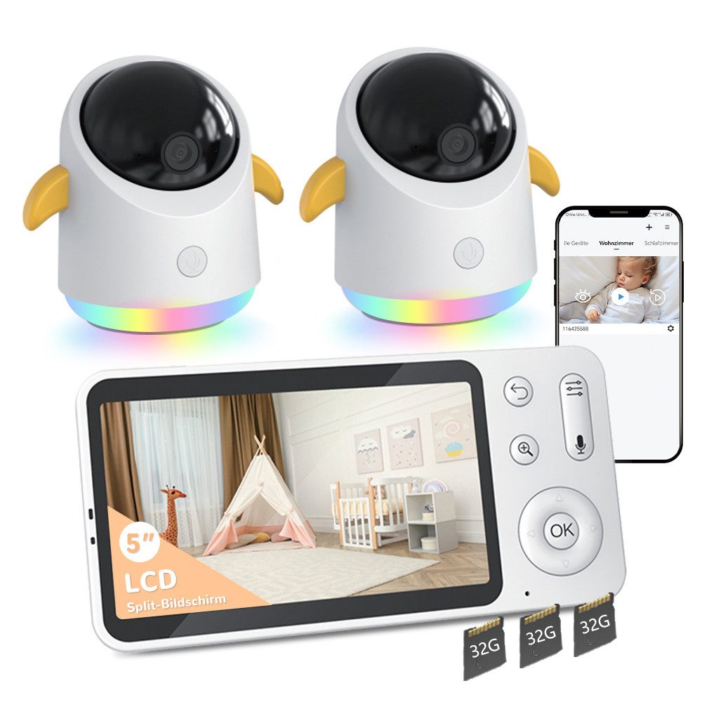 Video-Babyphone 2K Babyphone mit 2 Kameras PTZ 360° WLAN Video Baby Monitor mit App