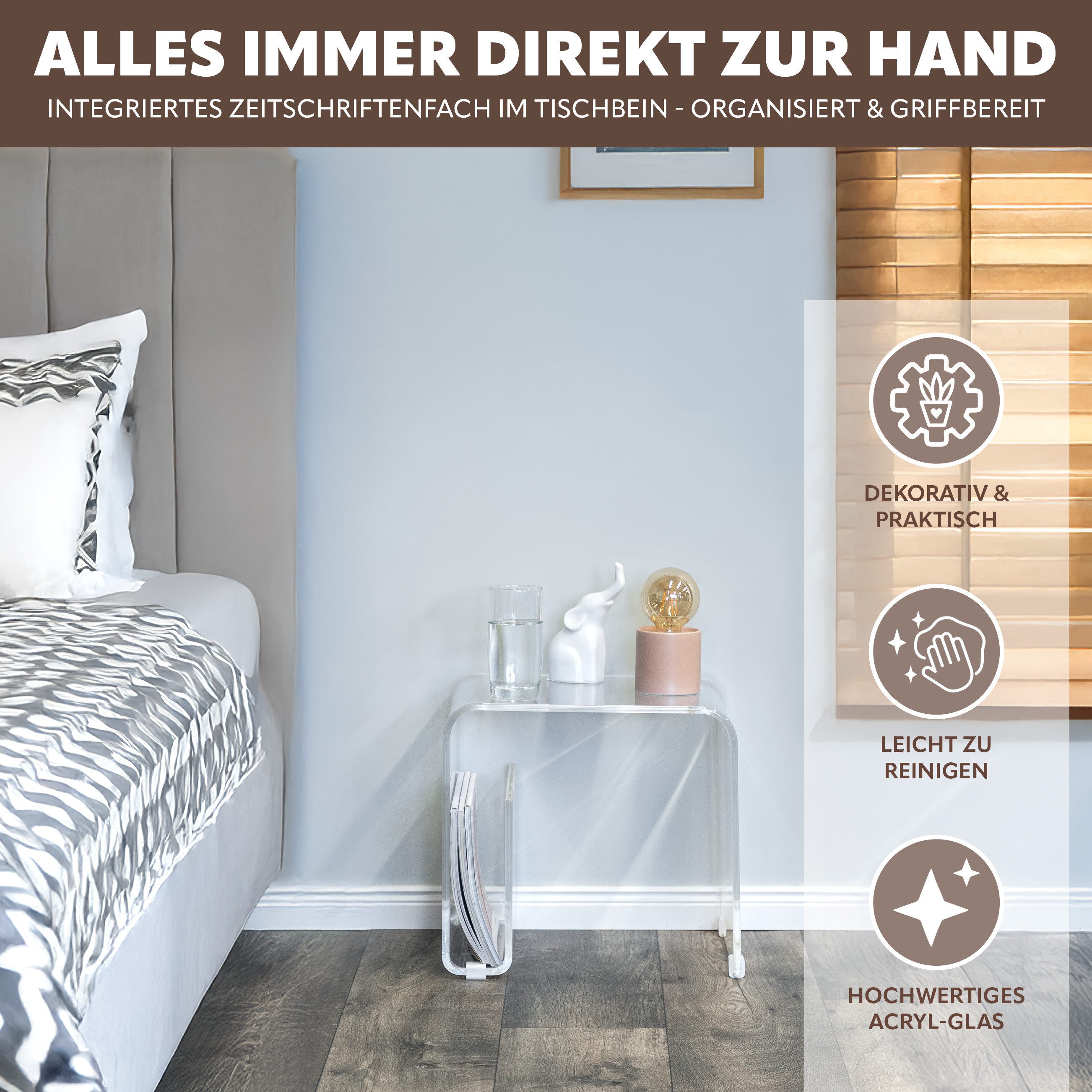 eluno Beistelltisch 2in1 aus Acryl mit Magazinhalter (1-St)
