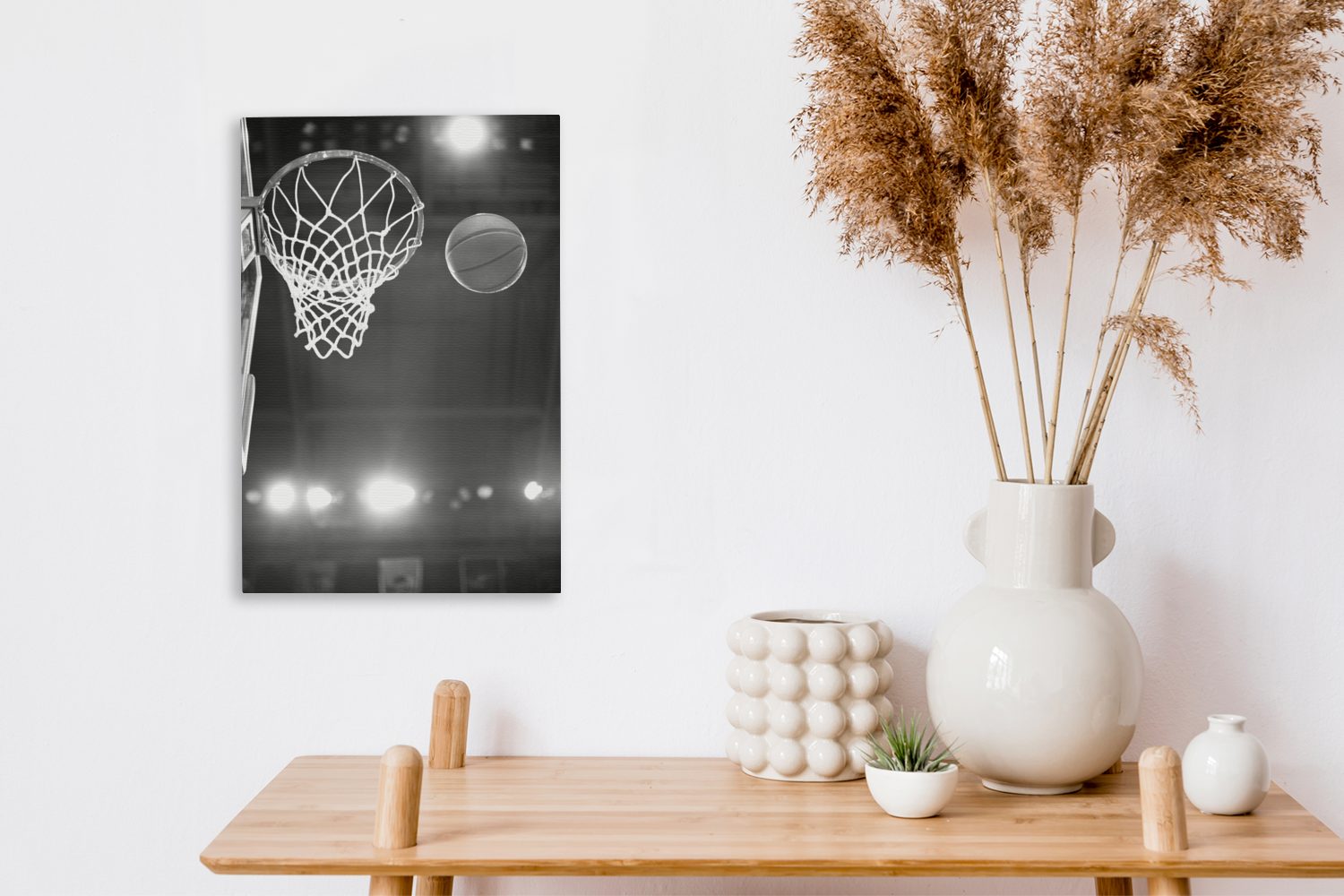 Zackenaufhänger, Korb Der 20x30 fertig Leinwandbild Basketball cm Gemälde, weiß, St), Leinwandbild bespannt und schwarz inkl. in (1 - Richtung OneMillionCanvasses® geht