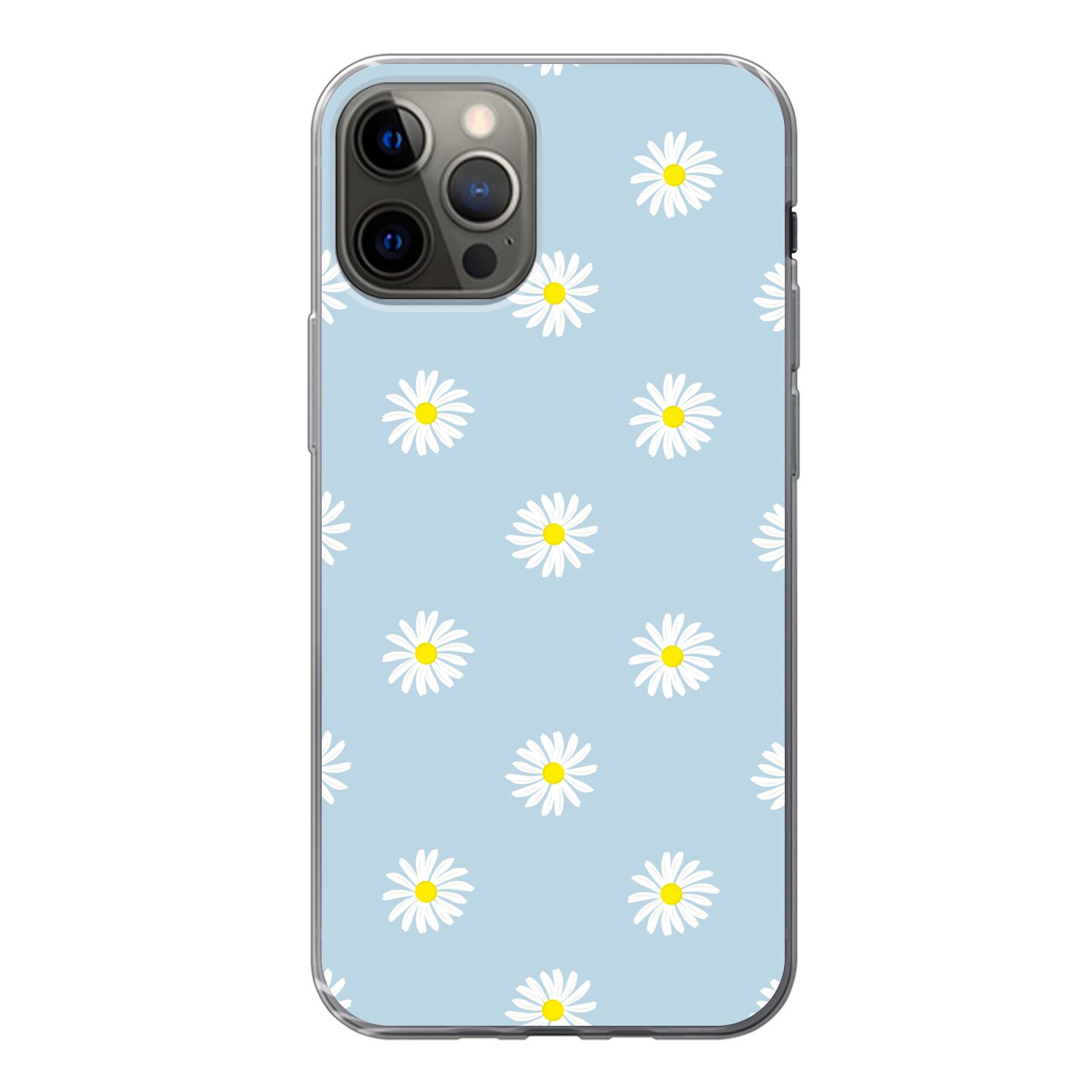 MuchoWow Handyhülle für Apple iPhone 12 Pro Gänseblümchen - Pastell - Weiß - Blau - Blumen, Smartphone-Bumper, Print, Handy Schutzhülle Dünn