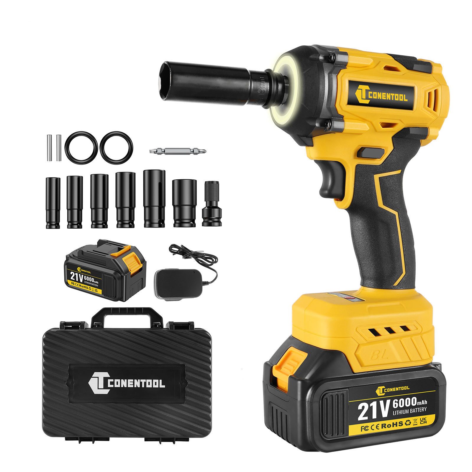 CONENTOOL Akku-Schlagschrauber 1/2 Zoll Bürstenloser, 4600,00 U/min, 520,00 Nm, (Set, 12-tlg., 1x 6 Ah Akku und Schnellladegerät), 6 Stecknüssen & Schnellladegerät