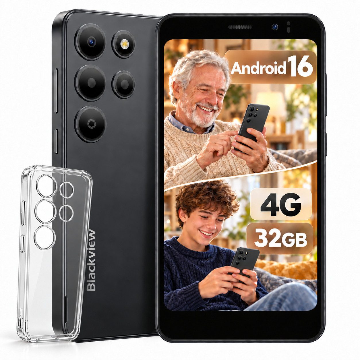 blackview WAVE 2C 5‘’ Handy ohne Vertrag, Android 16, 9GB+32GB, mit Hülle Smartphone (5 Zoll, 32 GB Speicherplatz, 4G Dual SIM, Face ID, 1080P-Video, Google Lens)