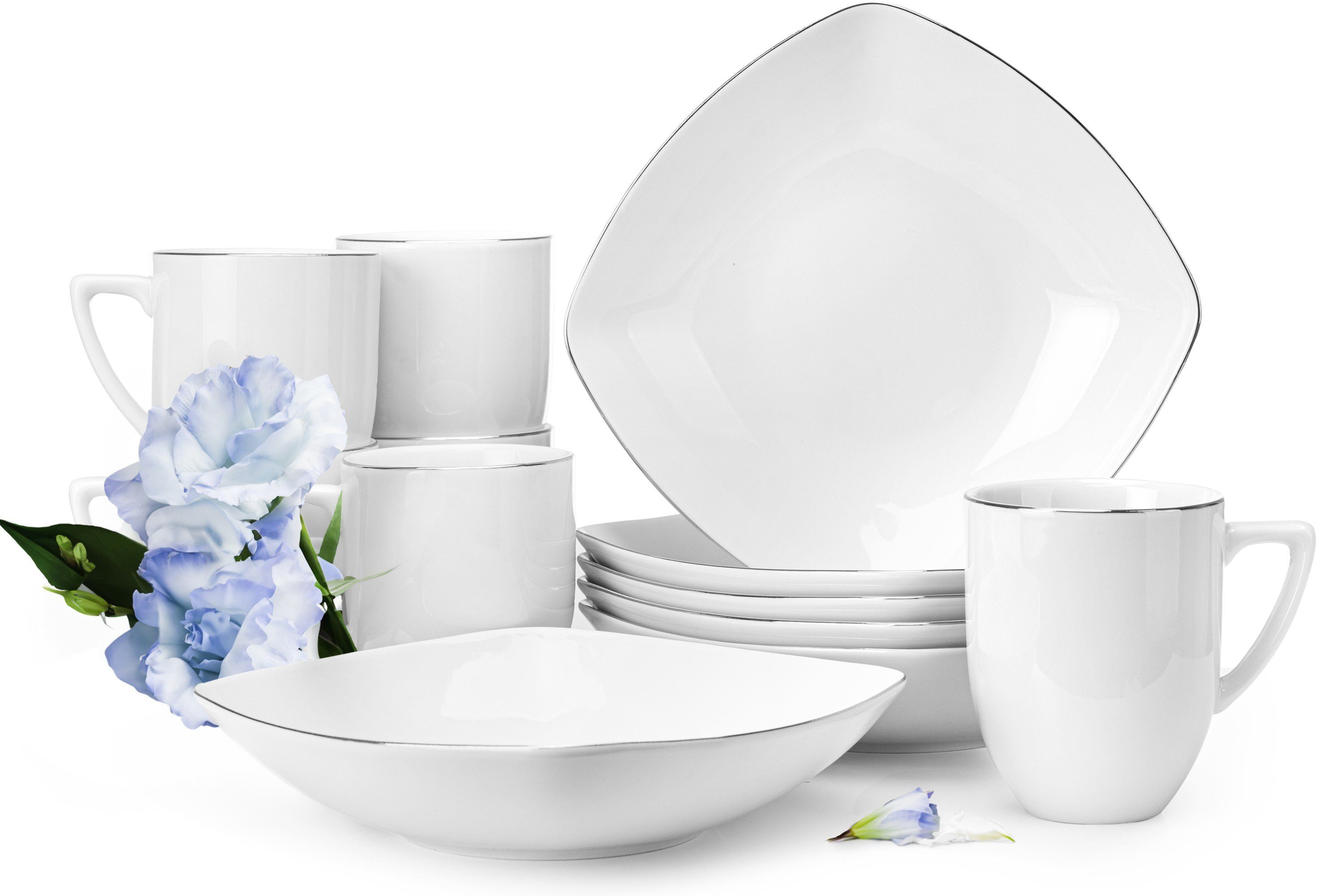 & Becher-Set Konsimo Handwäsche, Frühstücks-Geschirrset CARLINA quadratisch, platin Personen, (12-tlg), 6 Porzellan, Elegant Teller-Set