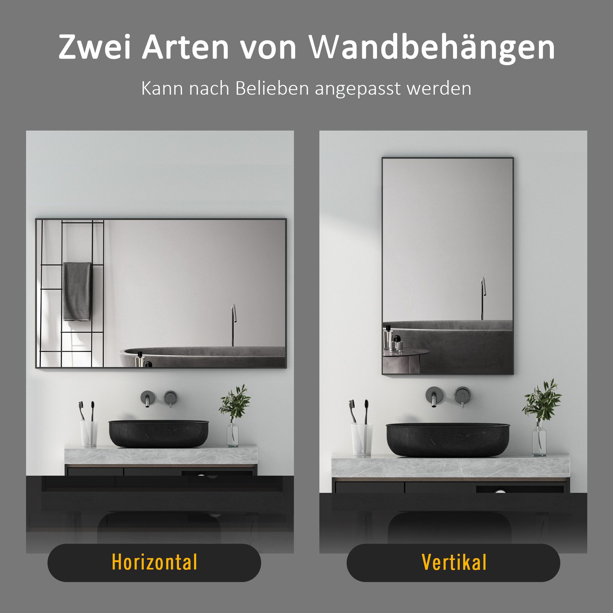 Boromal Wandspiegel Spiegel Schwarz Rechteckig Wand mit Rahmen eckig / abgerundet Flur, für Badzimmer/Ankleidezimmer/Wohnzimmer,unbrechbarer Spiegel