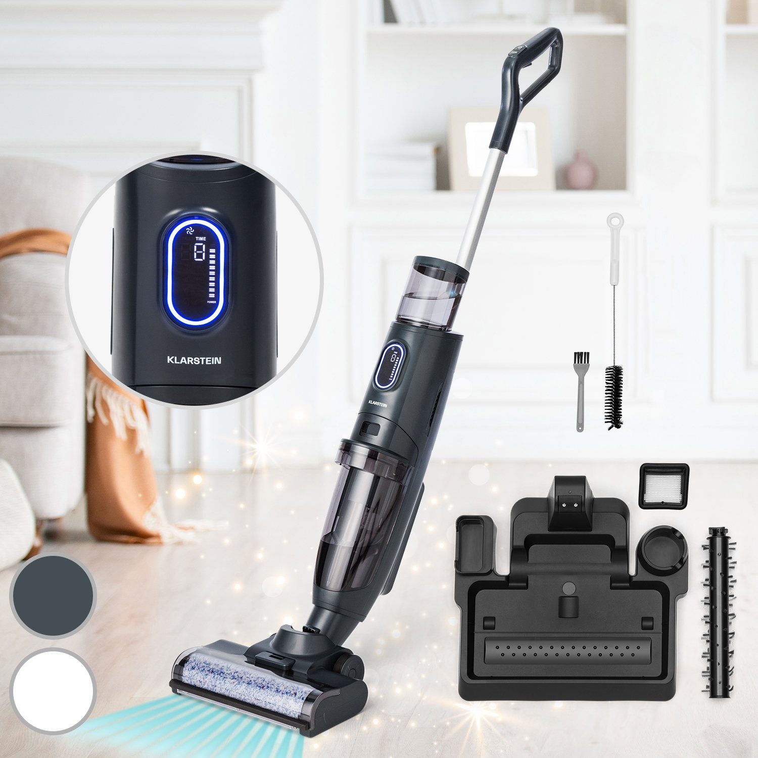 Klarstein Akku-Hand-und Stielstaubsauger Caswell Plus, 150 W, beutellos, Nass Trocken Присоска Akku Kabellos Beutellos LED 150
