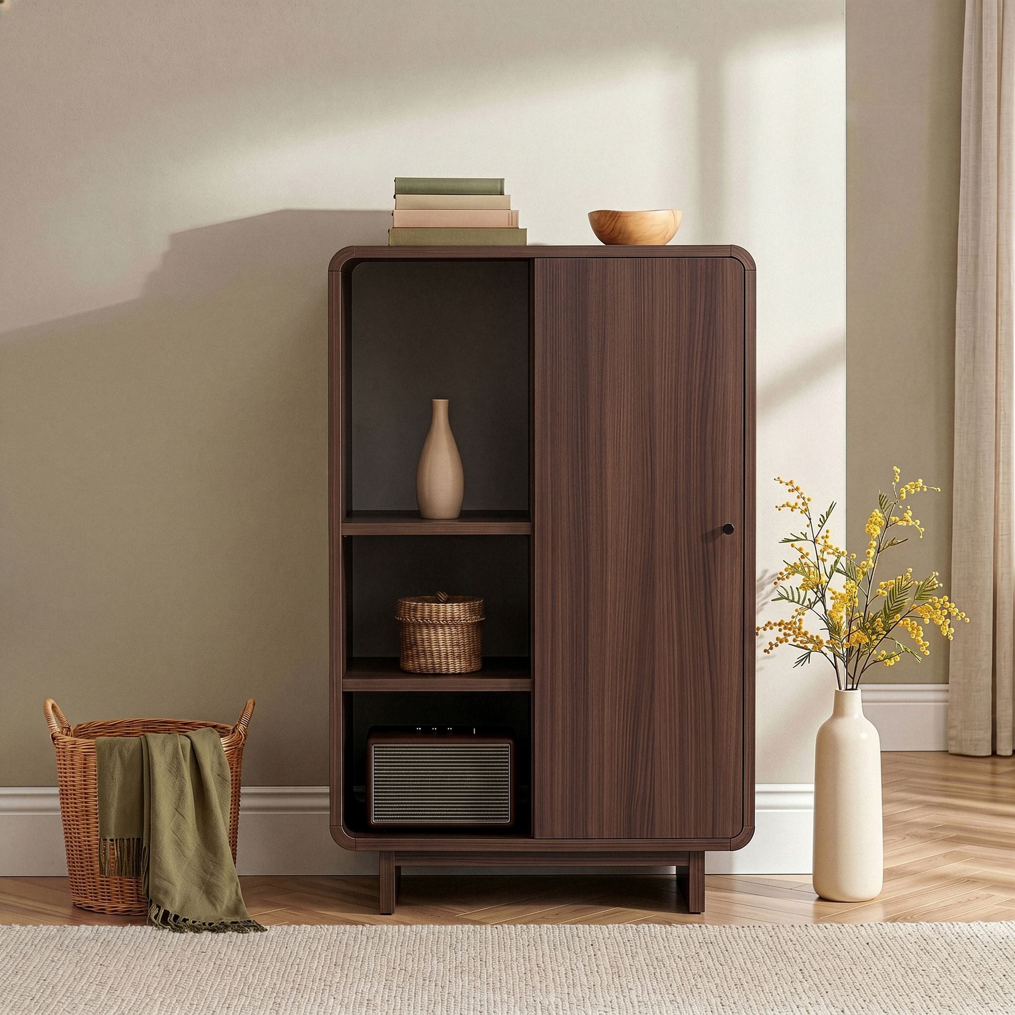 Skye Decor Mehrzweckschrank Japandi Deko (1-St) Breite 70 cm, offene Ablagefächer und geschlossener Stauraum