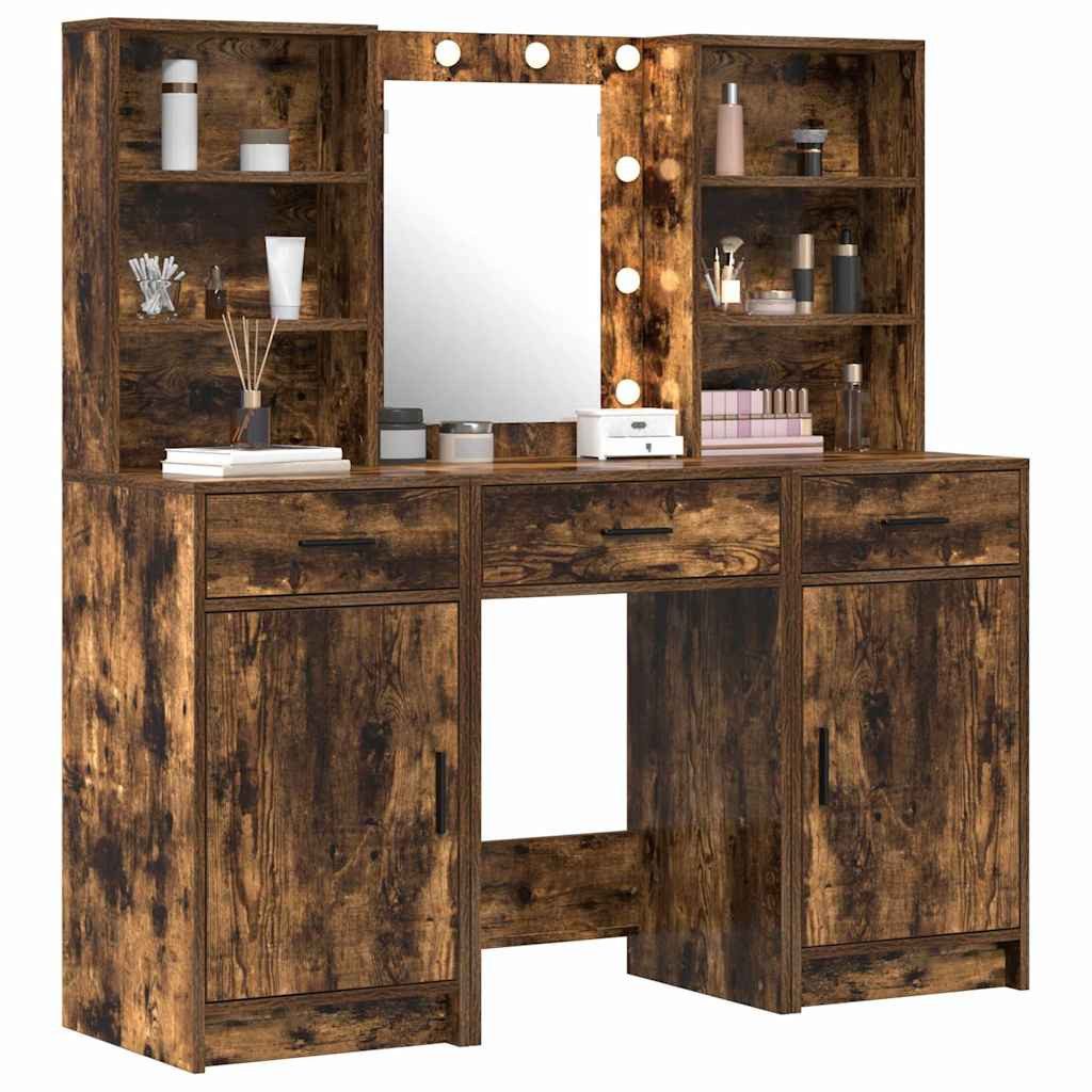 vidaXL Schminktisch Schminktischset mit LED 3 stk. Räuchereiche Holzwerkstoff (3-St)
