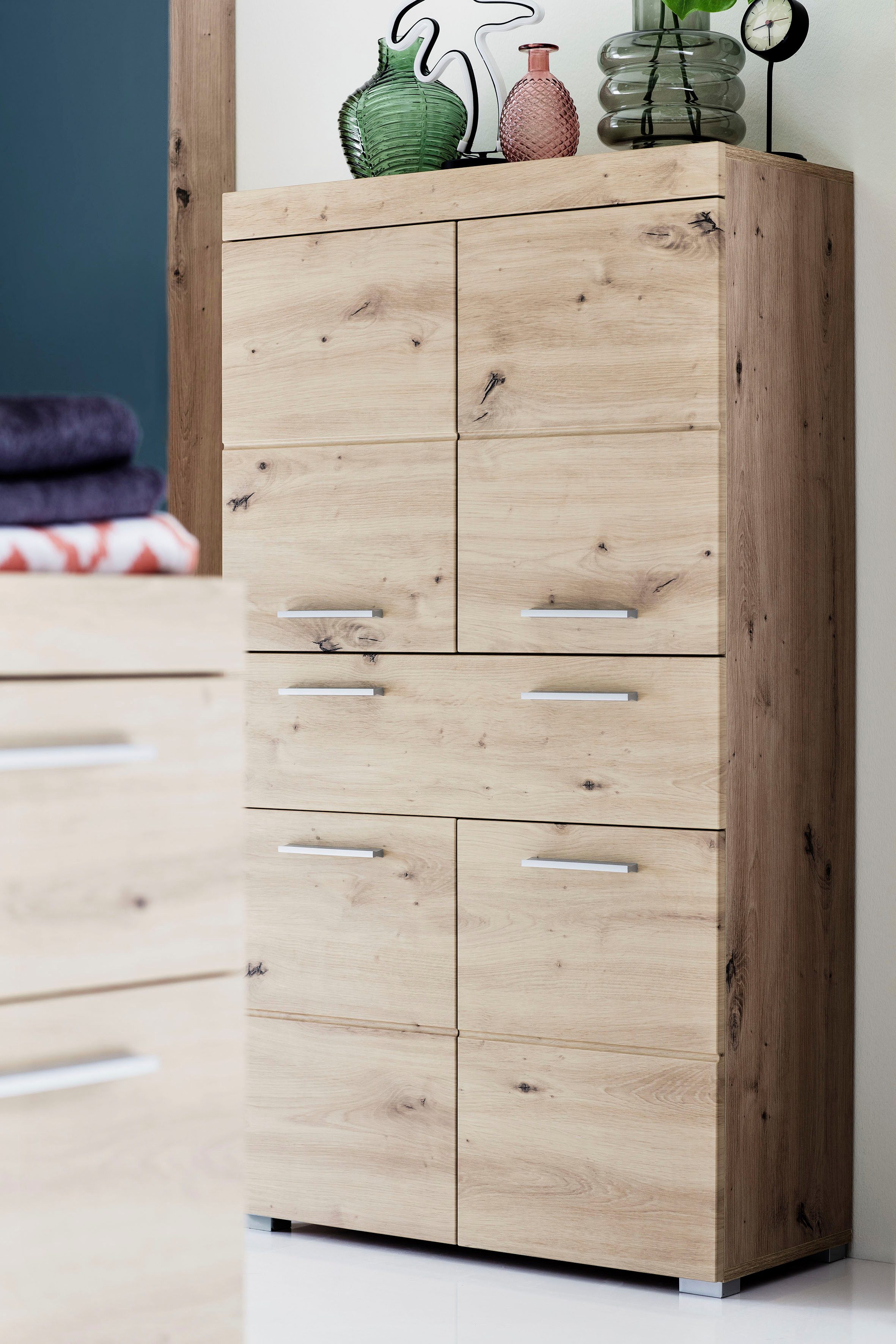 welltime Midischrank Avena Standschrank mit 4 Türen, 1 Schublade - (B/T/H) 73/31/130 cm