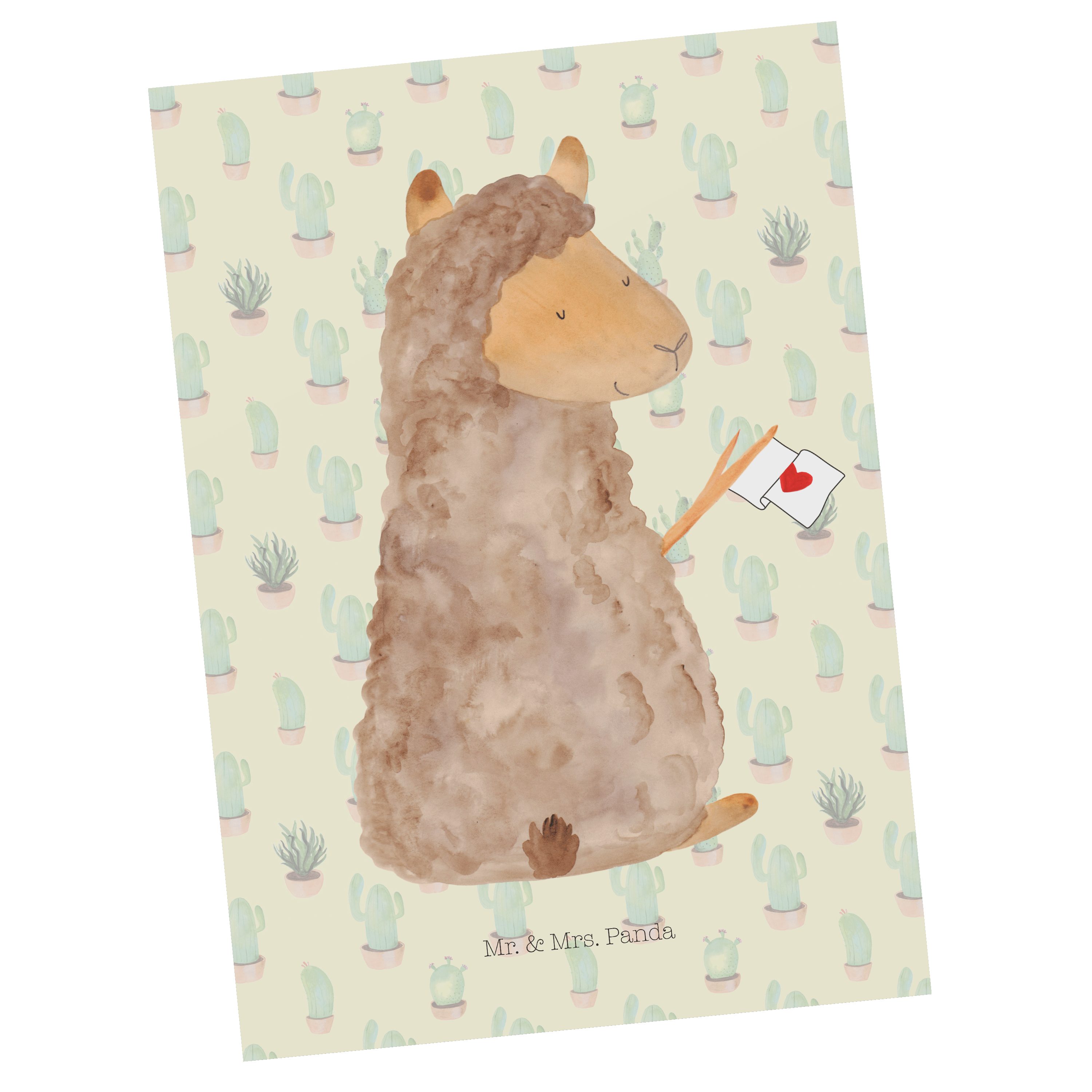 Mr. & Mrs. Panda Postkarte Alpaka Fahne - Kaktus Grün - Geschenk, Einladungskarte, Geburtstagska