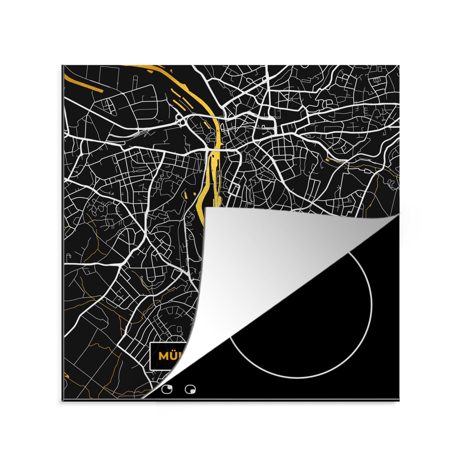 MuchoWow Herdblende-/Abdeckplatte Mülheim an der Ruhr - Gold - Stadtplan - Karte - Deutschland, Vinyl, (1 tlg), 78x78 cm, Ceranfeldabdeckung, Arbeitsplatte für küche