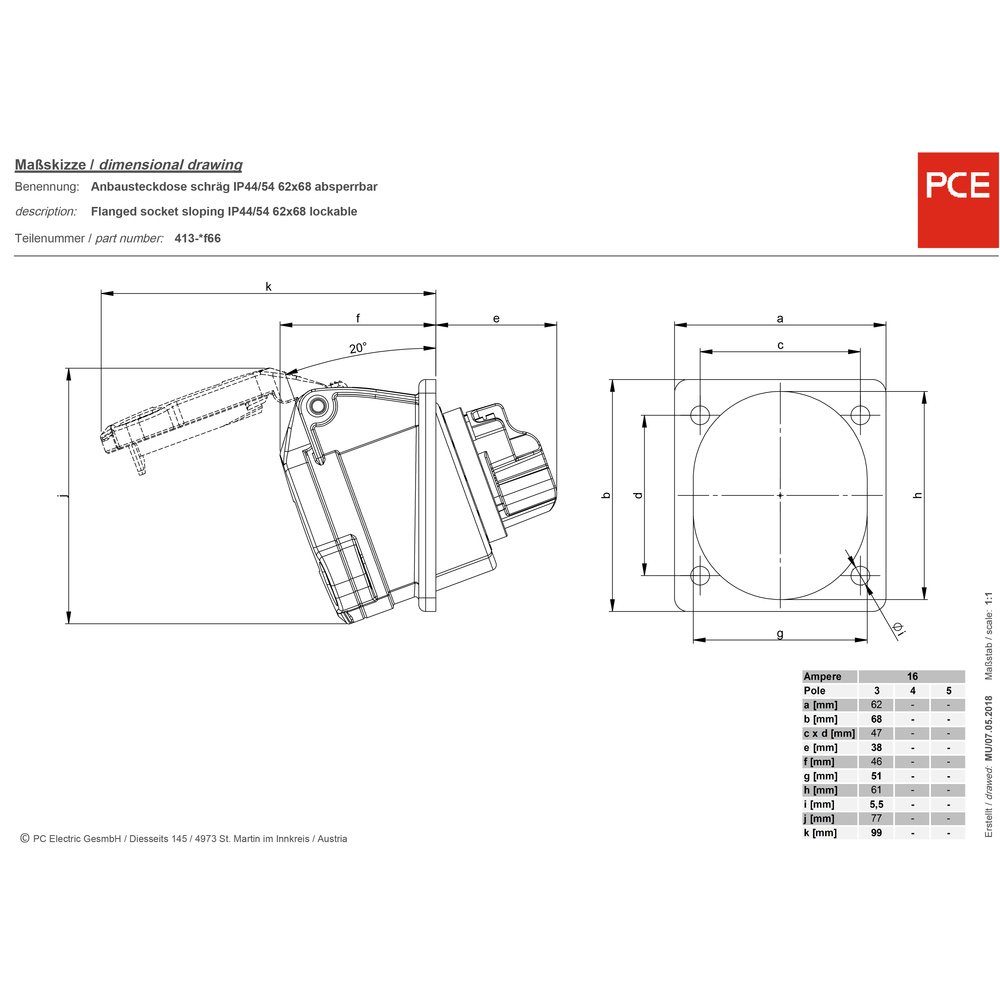 PCE Steckdose PCE 413-6f66 CEE-CARA Anbaudose 16 A 3polig 230 V 1 St.