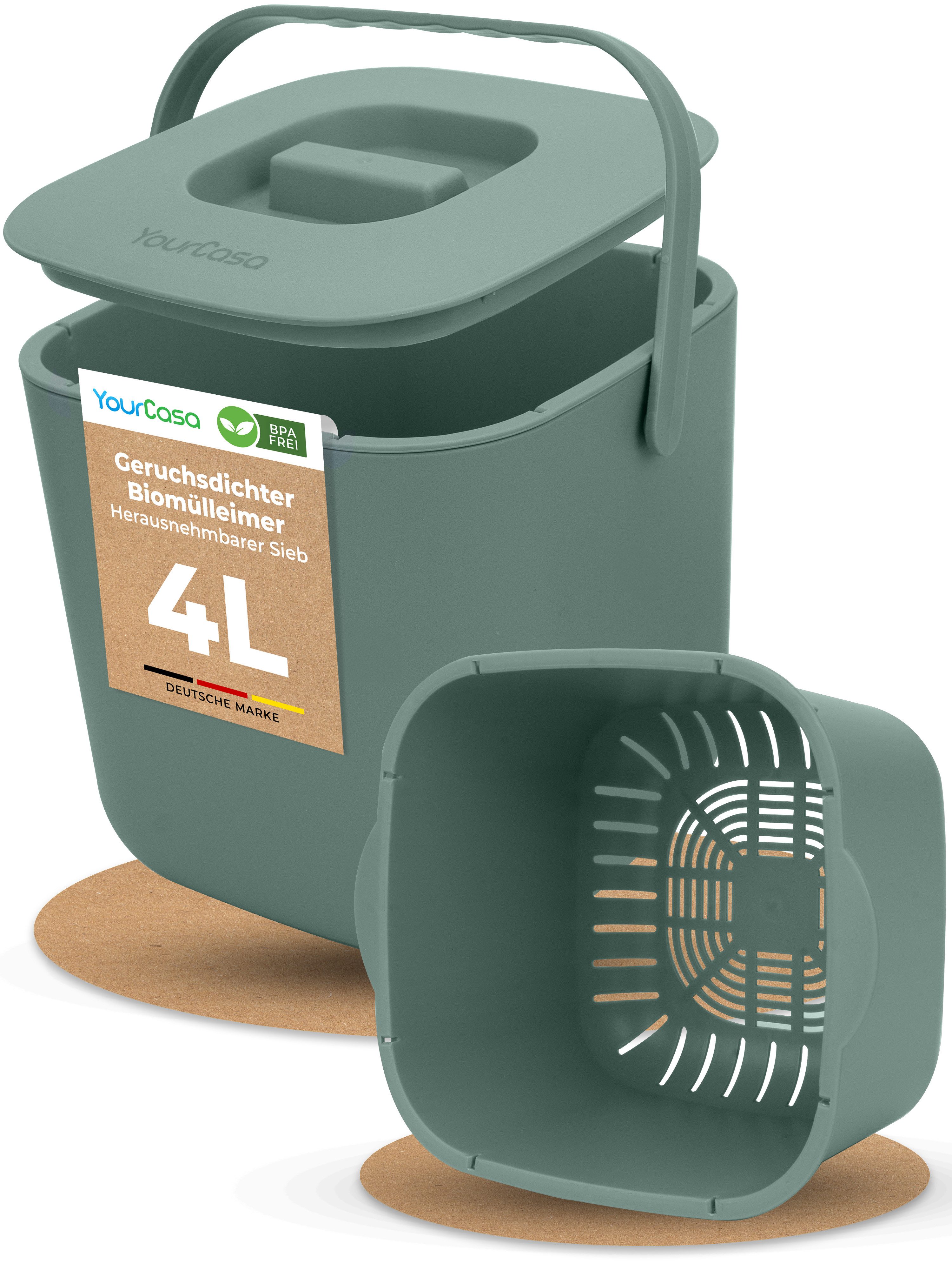 YourCasa Biomülleimer YourCasa® Biomülleimer Küche - Komposteimer für alltäglichen Biomüll, Mit Sieb, Spülmaschinenfest
