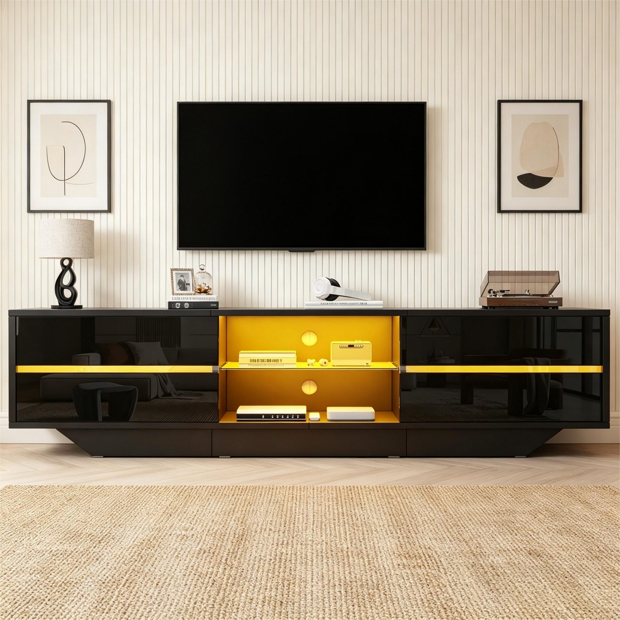 BlingBin TV-Schrank Lowboard mit LED-Beleuchtung, TV-Bank für Wohnzimmer (TV-Lowboard, 1-St., 160 x 35 x 44,5 cm) Fernsehschrank mit 2 Klapptüren und Stauraum, für 65-Zoll-Fernseher