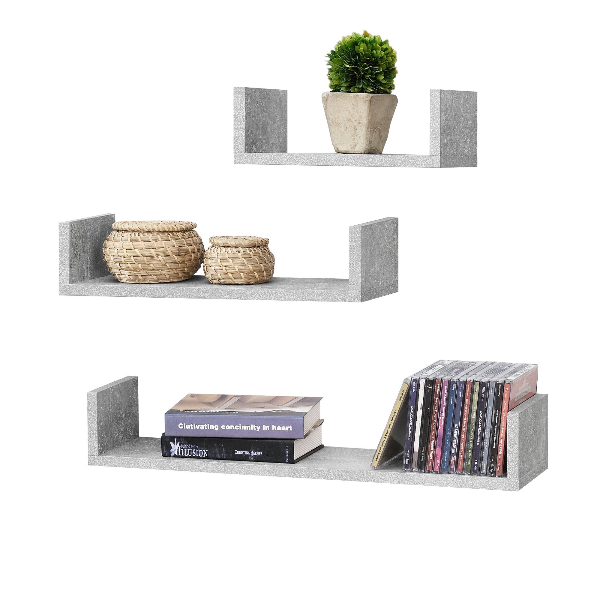 en.casa Wandregal, »Vennesla« Wandablage 3-teilig Schweberegal Wandboard Betonfarben