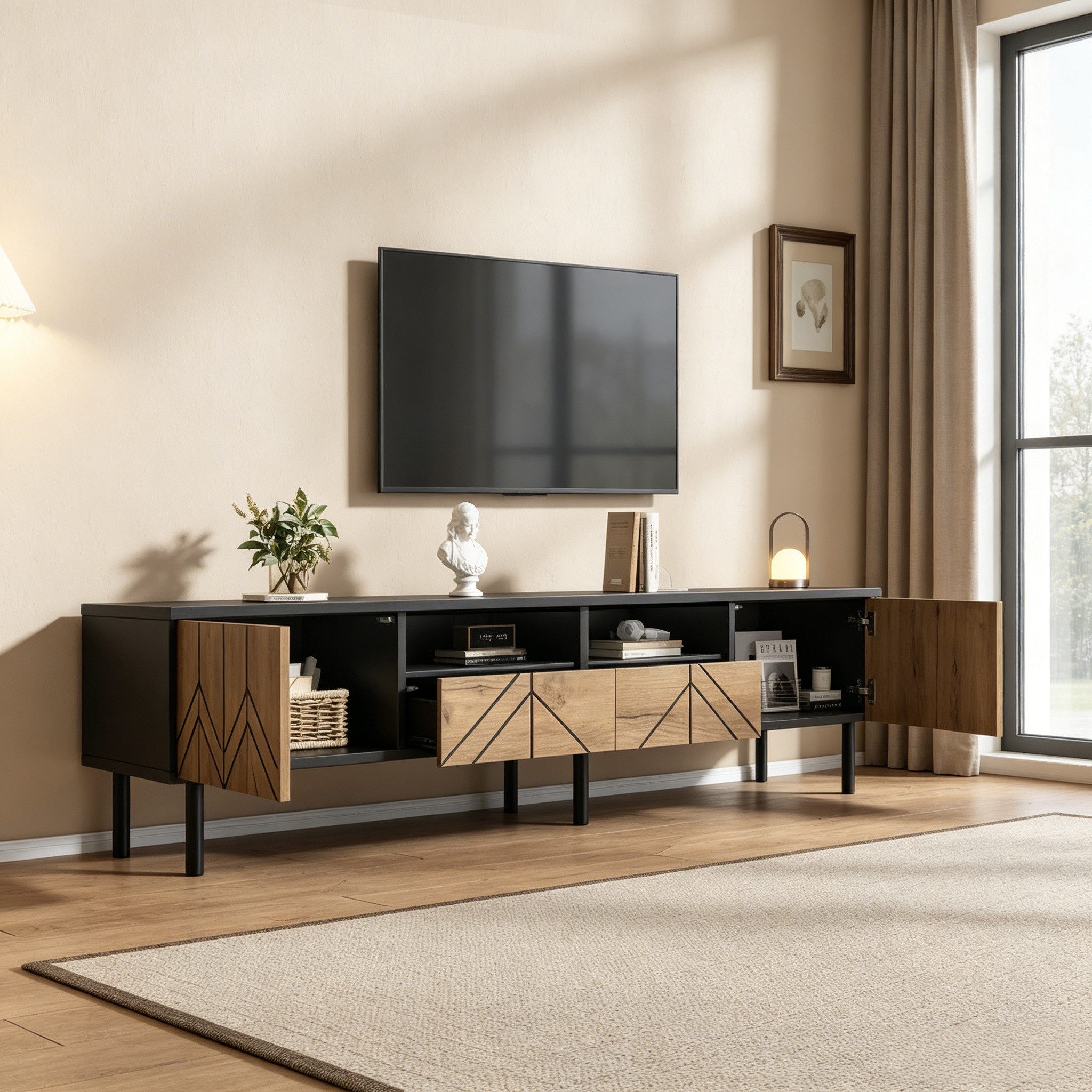 HAUSS SPOLE TV-Schrank mit Schubladen & Türen,Lowboard Fernsehtisch 180×40×45cm mit Holzoptik (Fernsehschrank Wohnzimmermöbel mit mehreren Staubereichen für Medienzubehör) TV-Möbel Medienkonsole mit Spanplattenkorpus,Naturholzfarbe + Schwarz