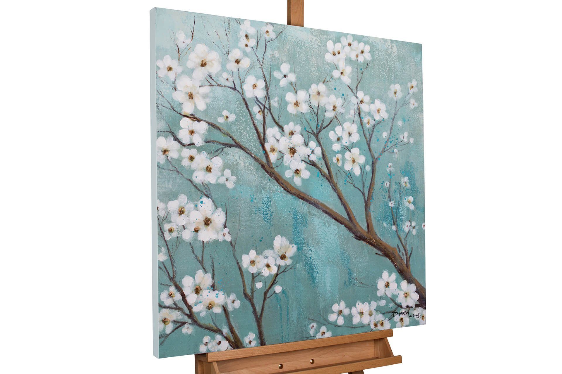 KUNSTLOFT Gemälde Weiße Blütenkrone 80x80 cm, Leinwandbild 100% HANDGEMALT Wandbild Wohnzimmer | Ölbilder