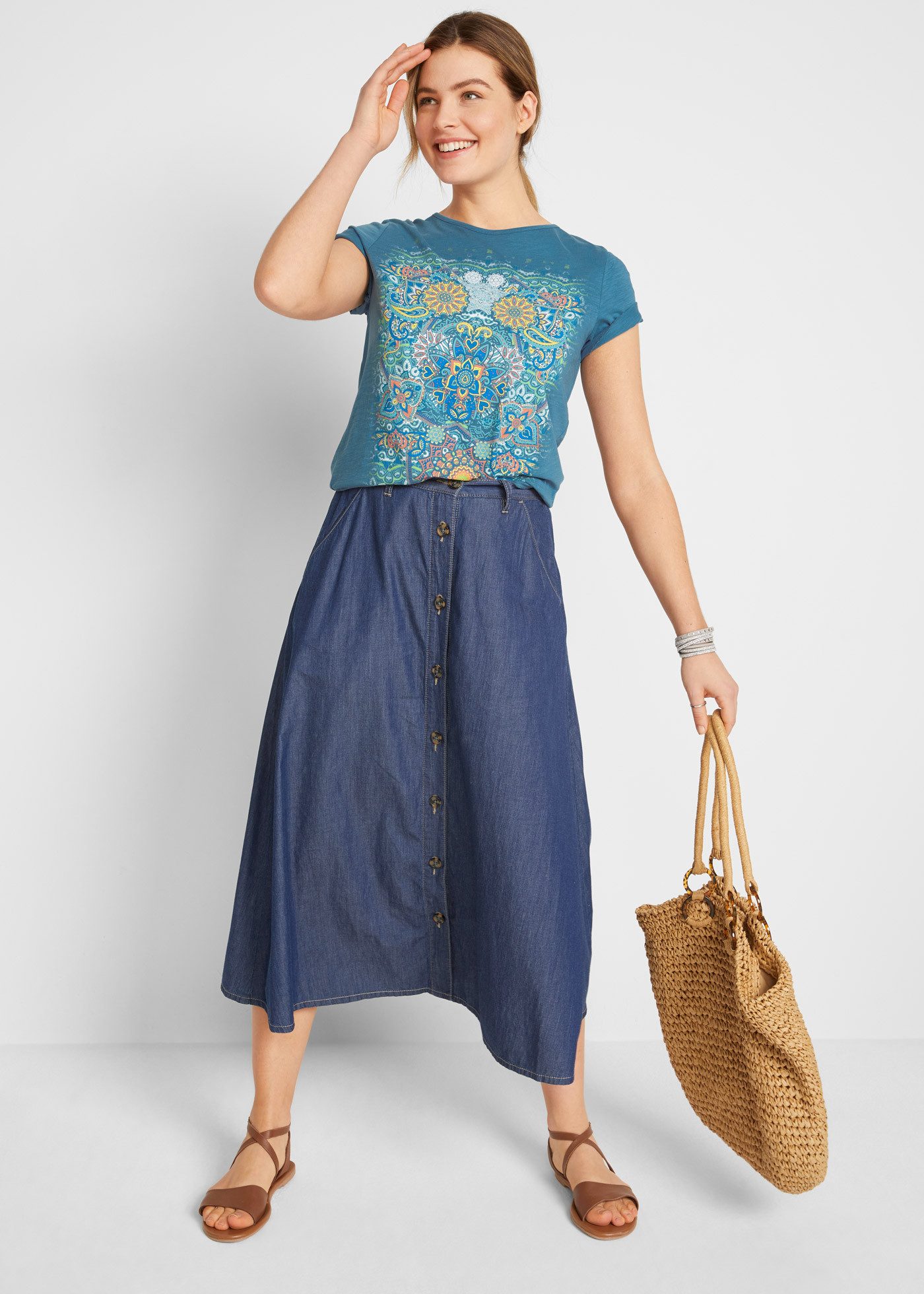 bonprix T-Shirt mit farbigem Print und Rundhalsauschnitt