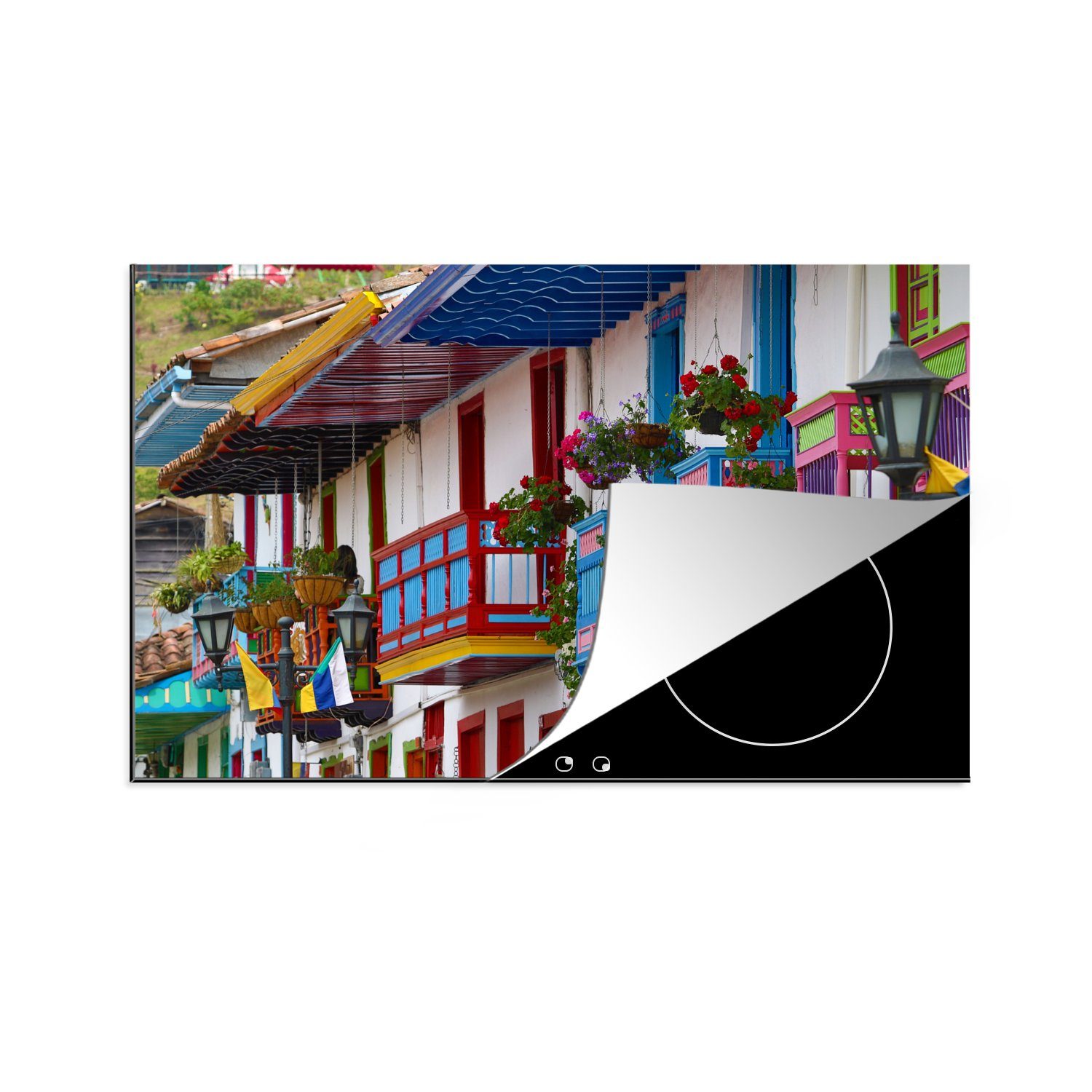 MuchoWow Herdblende-/Abdeckplatte Bunte Balkone in Kolumbien, Vinyl, (1 tlg), 81x52 cm, Induktionskochfeld Schutz für die küche, Ceranfeldabdeckung