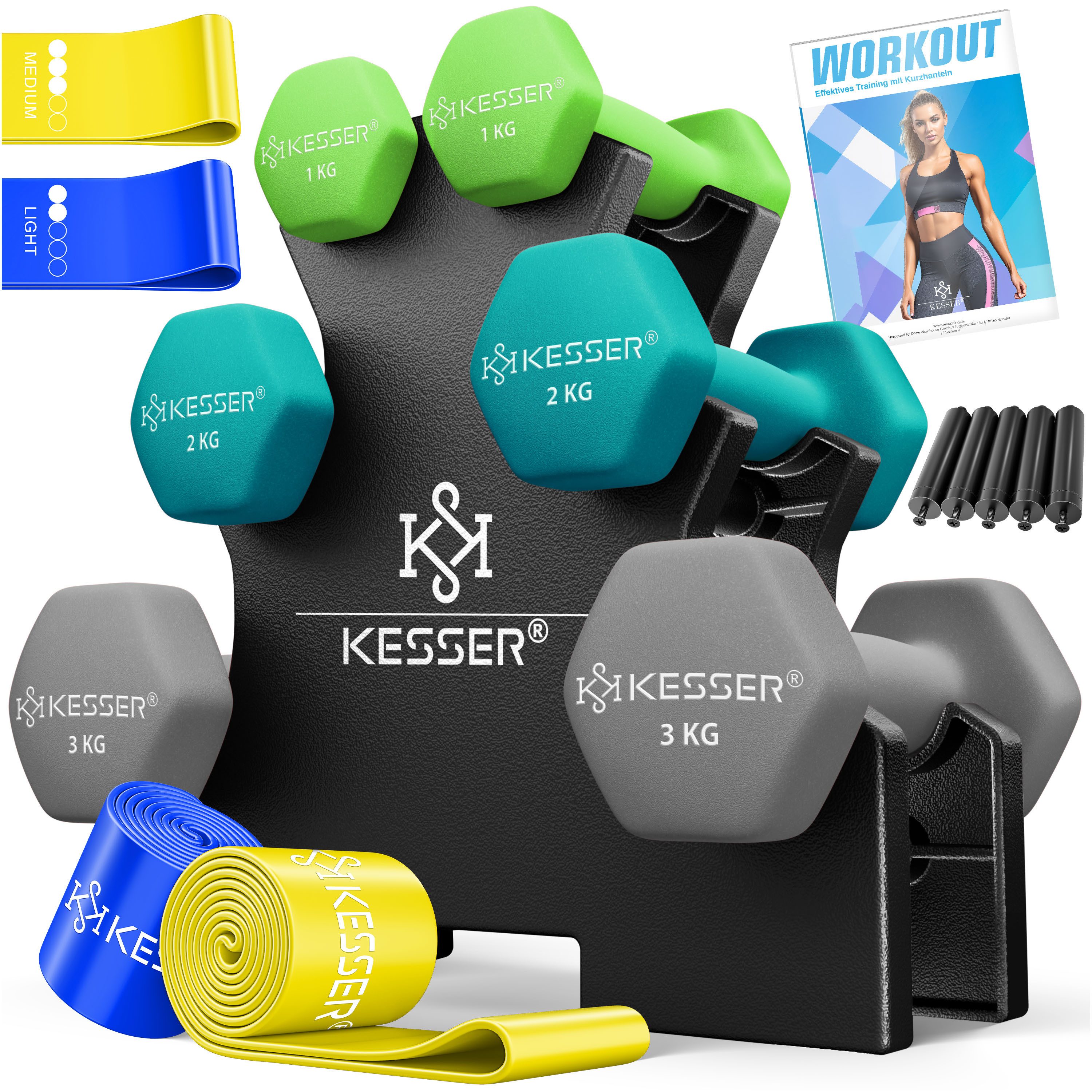 KESSER Hantel-Set, (12 kg Set 2 x (1+2+3)kg), Kurzhantel Gymnastikhanteln mit Ständer Aufbewahrung