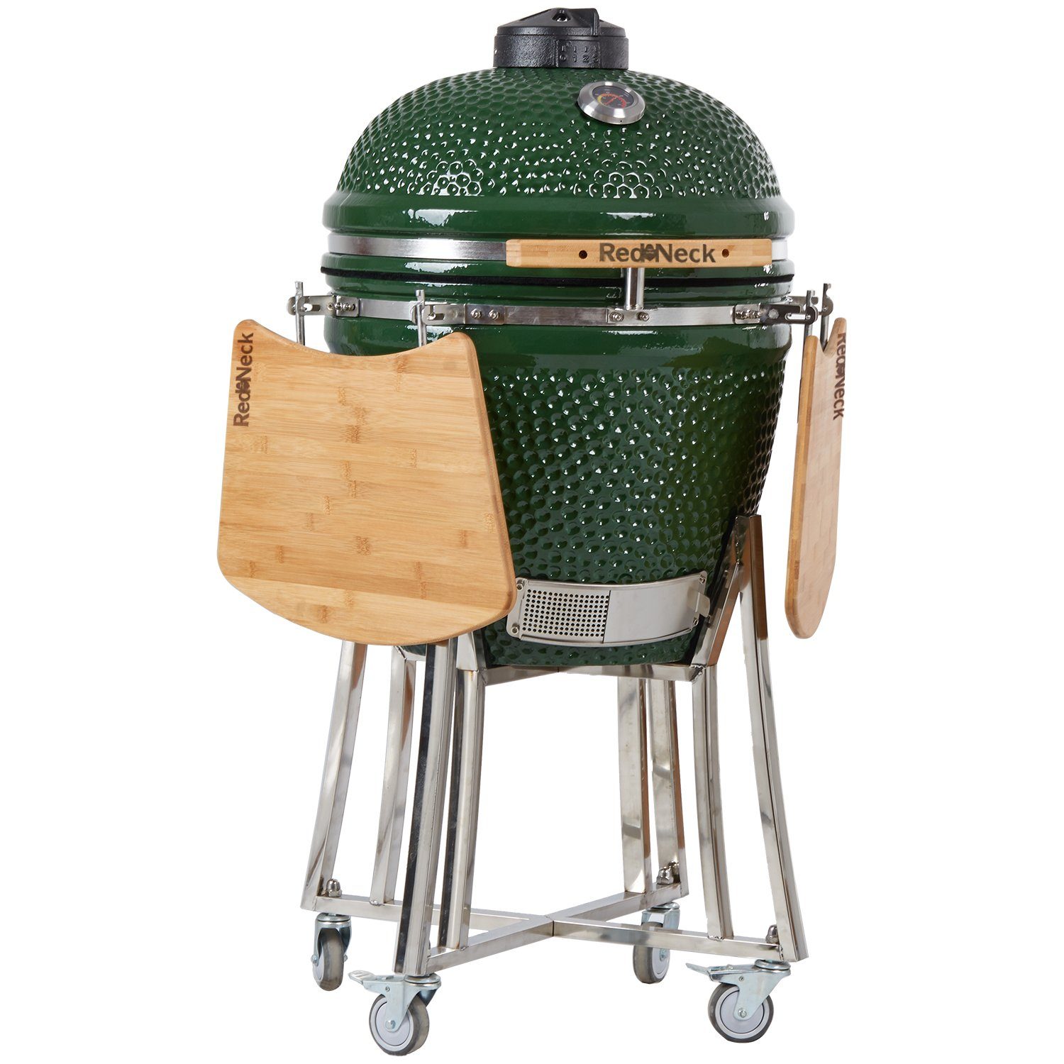 RedNeck Keramikgrill Kamado Pro BBQ High End Holzkohlegrill, Transportrollen mit Bremssystem, Seitenablagen
