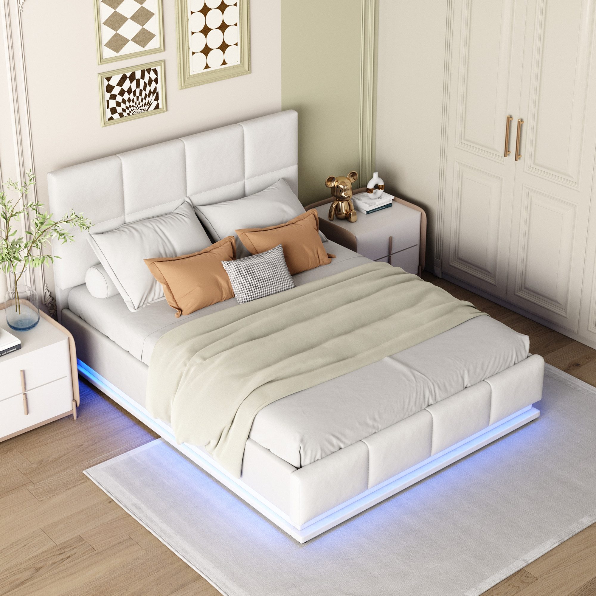 MODFU Bett mit LED & hydraulischem Stauraum (Stauraumbett mit Bettkasten & höhenverstellbares Kopfteil, 140x200cm), ohne Matratze