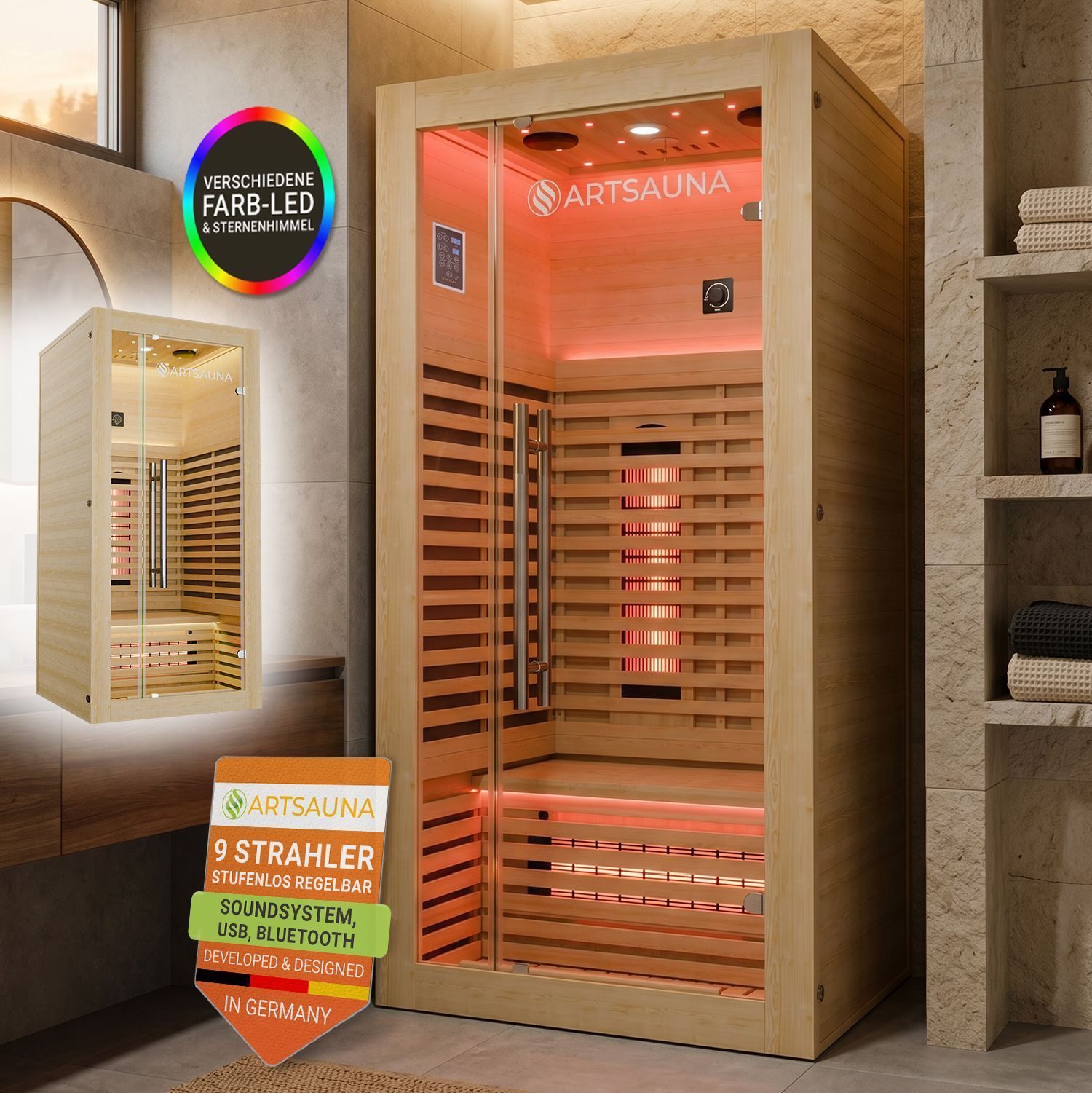 Artsauna Infrarotkabine Trondheim90, Dual-Technik, Dimmbare Rückenstrahler, 1 Personen, LED-Beleuchtung