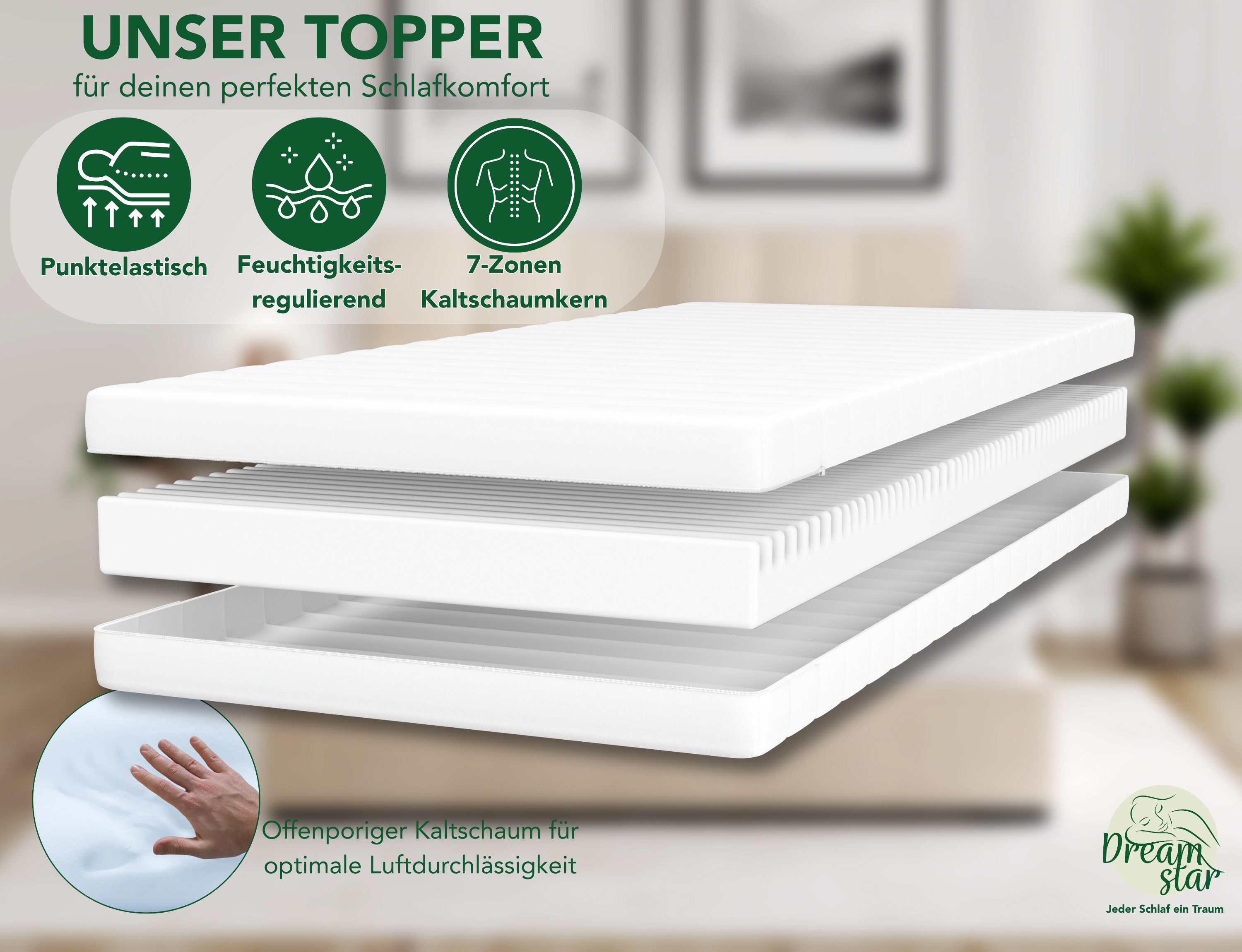 Dreamstar, Topper Easy Flex, ergonomischer 7-Zonen Matratzentopper zum Wenden, 10 cm hoch, Duo Härtegrad H2 und H3, verschiedene Größen, Komforthöhe 10 cm