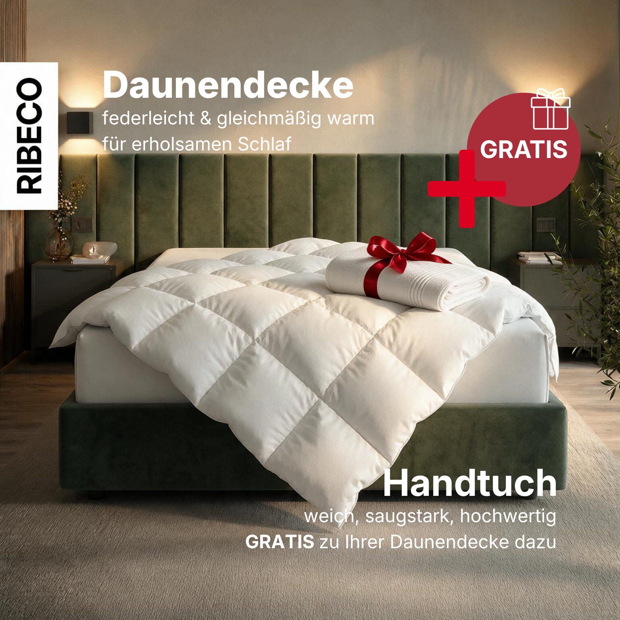 RIBECO Daunenbettdecke Johanna, Bettdecke Nur für kurze Zeit! GRATIS ein Handtuch dazu!, Füllung: 80% Daunen, 20% Federn, Bezug: 100% Baumwolle, Topseller, Bett – Bild 3 von 5