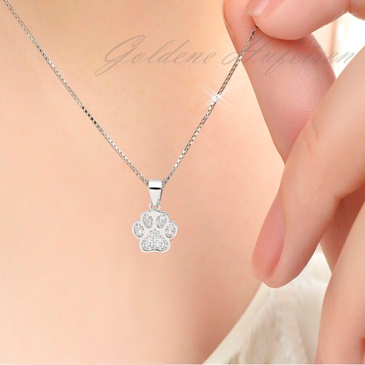Goldene Hufeisen Kette mit Anhänger Pfote Silberkette mit Zirkonia I Liebe zu Tieren, 925 Sterling Silber (hypoallergen)