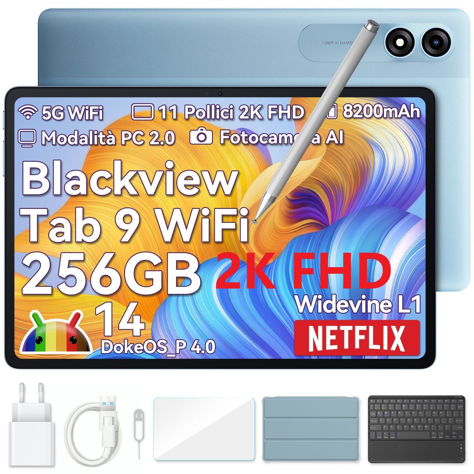 blackview Tab9Wifi FHD 2025 incl. incl. Stift/ Englische Tastatur Tablet (11", 256 GB, Android 14, FHD, 8200 mAh, Face ID, Dual-Box)