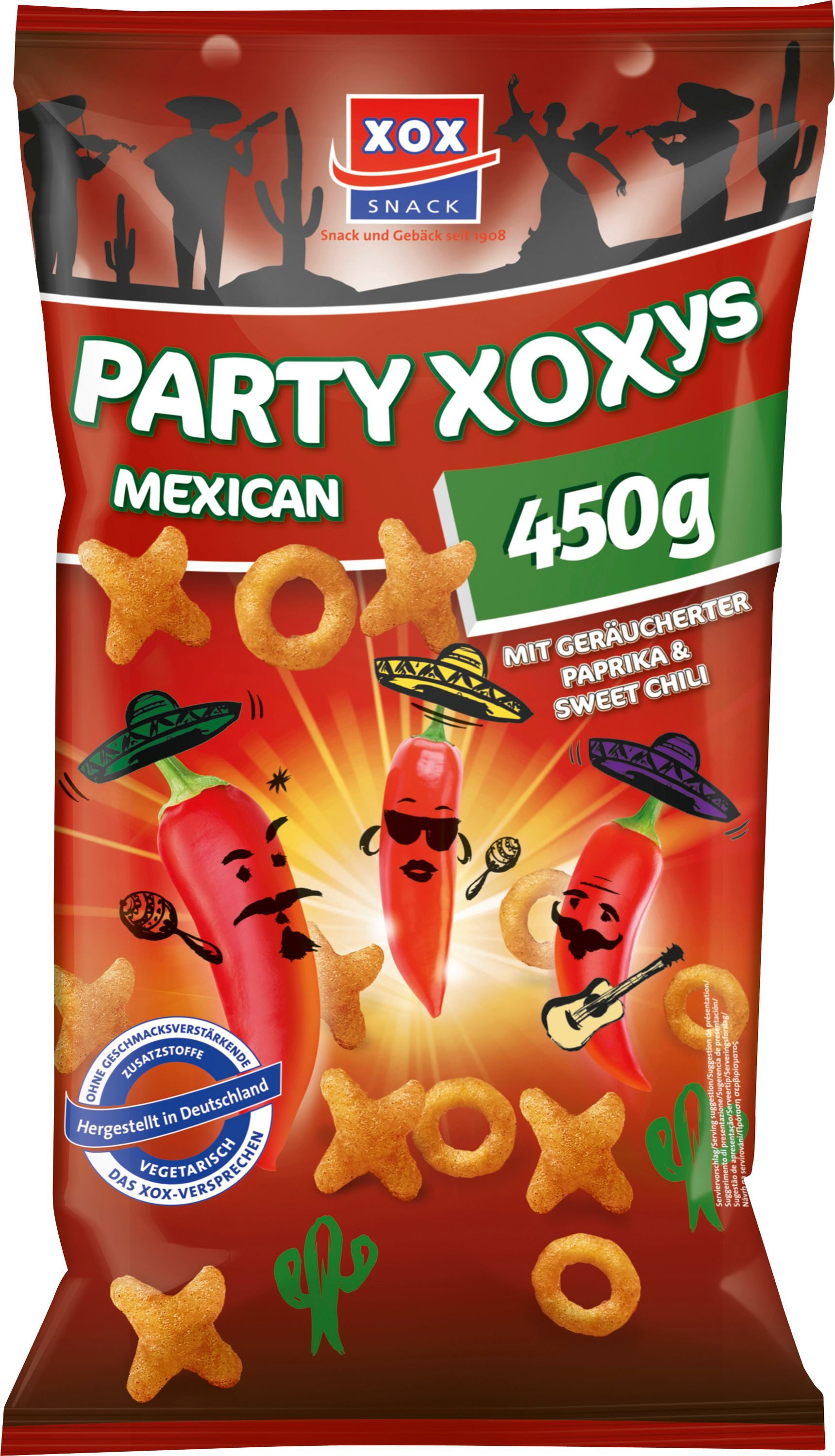 XOX Knabberei, XOX Party XOXys Mexican knuspriger Maissnack mit Paprikageschmack 450g