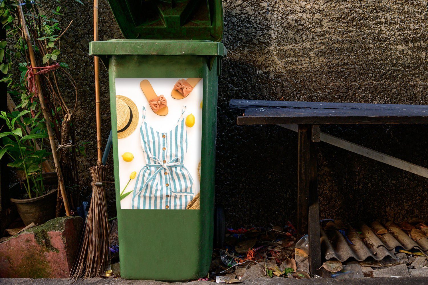 MuchoWow Wandsticker Flip-Flops - Mülleimer-aufkleber, Container, (1 - Sticker, Overall Abfalbehälter Mülltonne, Hut St)