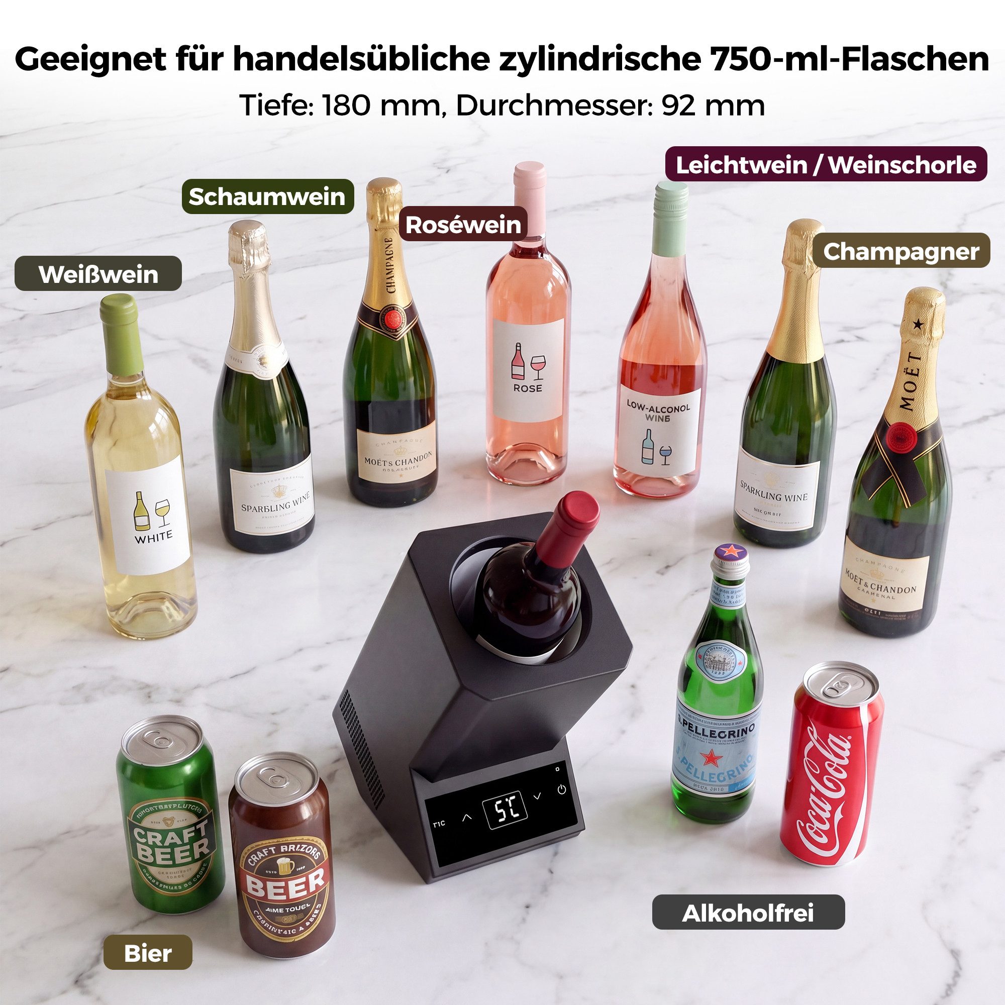 Rebonique Elektrischer Weinkühler 1 Flasche, 5–18 °C, 750 ml, eisfrei, Touch-Bedienung & LED, 19 cm Innenraumtiefe, 9,2 cm Ø, 25,6 × 25,3 × 12,8 cm – Bild 5 von 5