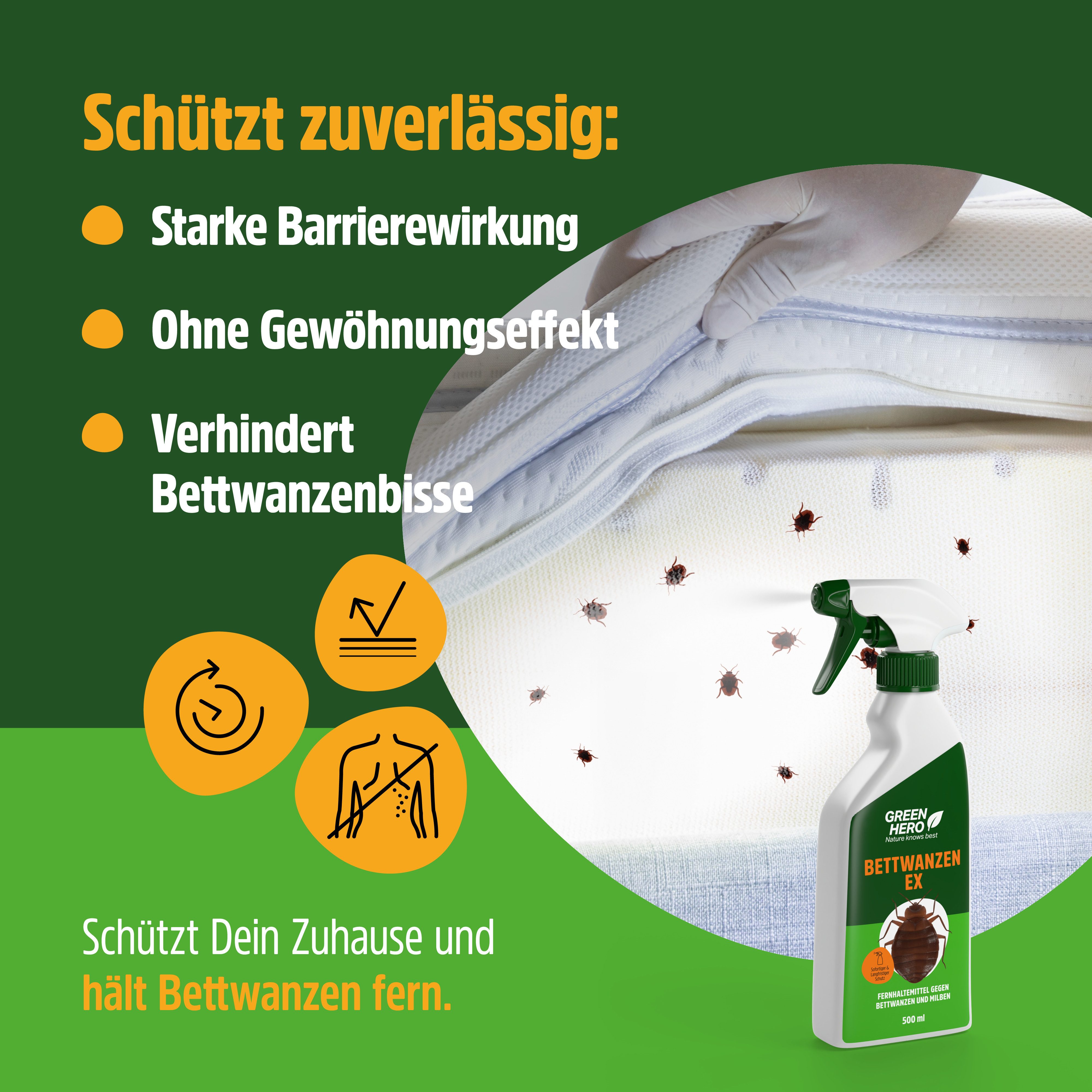 GreenHero Insektenspray Bettwanzen-Ex Spray zur Bettwanzenbekämpfung, 500 ml, Bettwanzen Mittel