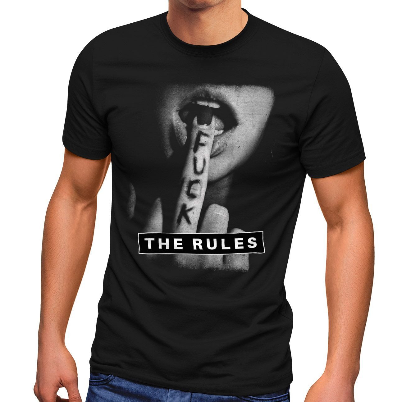 Print-Shirt Herren T-Shirt Fuck the Rules Fotoprint Mittelfinger Fashion