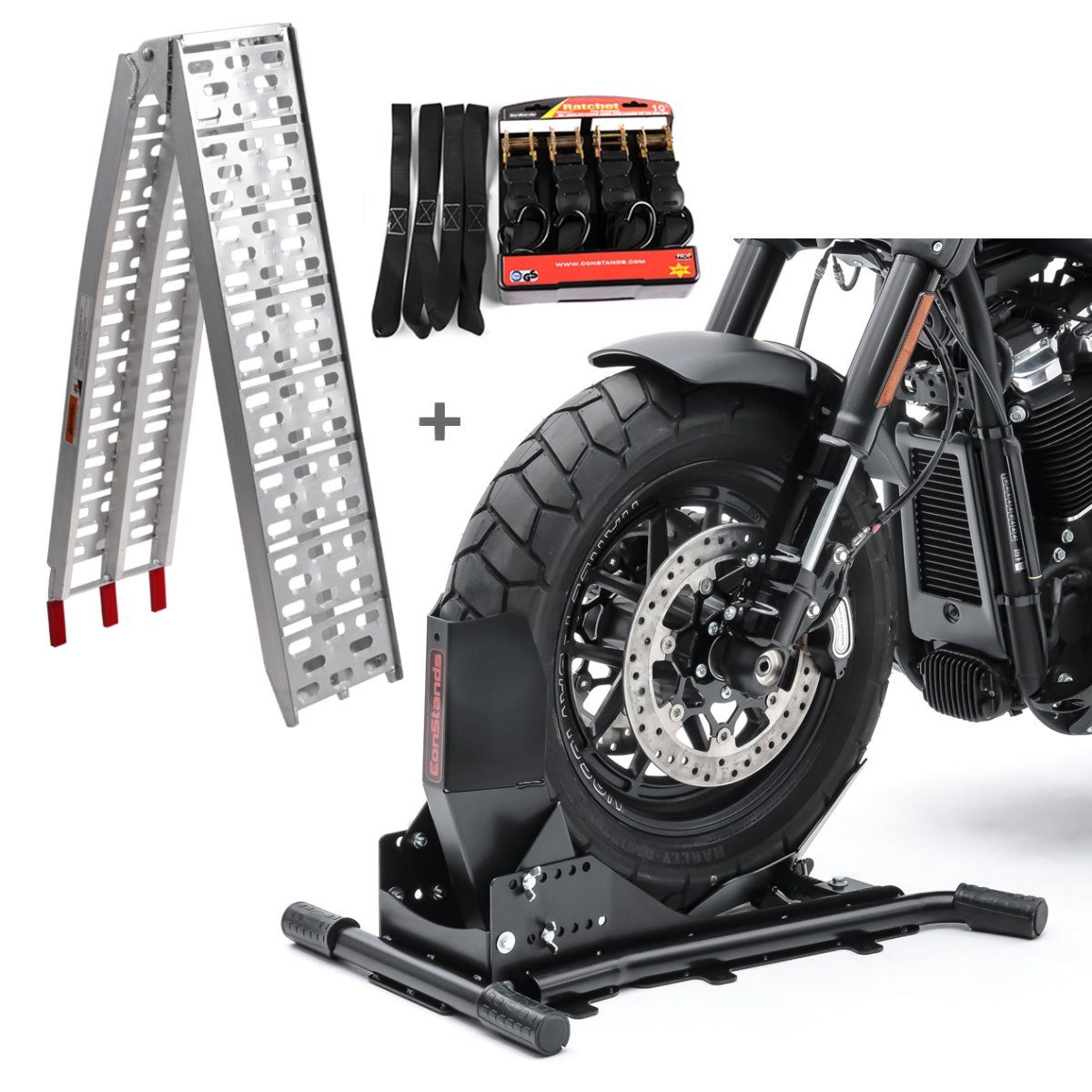 Motorradheber Set Motorradwippe # Easy Vario + Auffahrrampe Alu-I + Spanngurte Set S