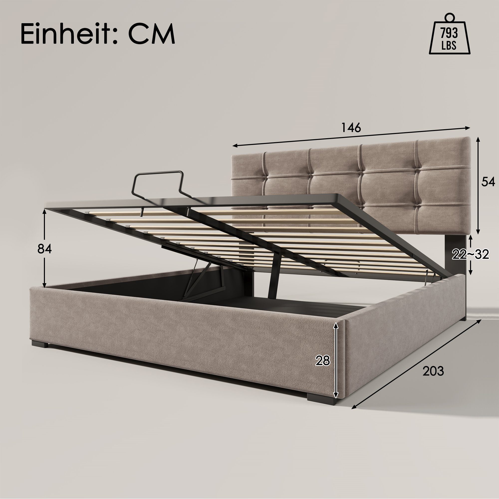 Boxspringbett (Funktionsbett, Doppelbett mit Bettkasten, Lattenrost und verstellbarem Kopfteil), Polsterbett hydraulisches Bett 140x200 cm, Bezug aus Samt