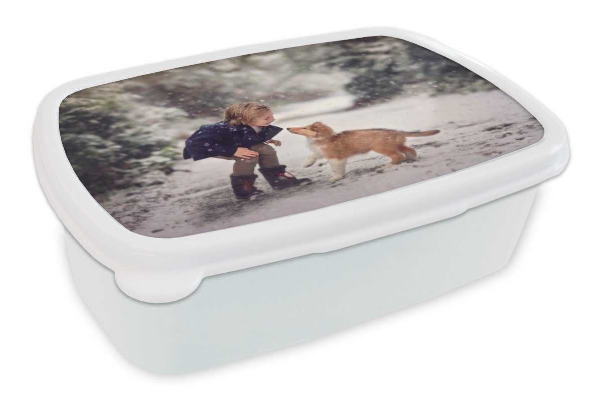 MuchoWow Lunchbox Mädchen - Hund - Schnee - Winter, Kunststoff, (2-tlg), Brotbox für Kinder und Erwachsene, Brotdose, für Jungs und Mädchen weiß