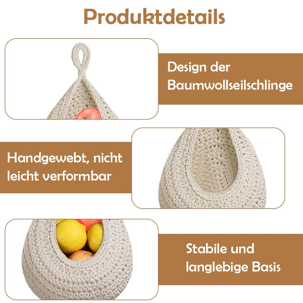 TUWENA Hängekorb 3 Stück Hängend Obstkorb,Handgewebt Baumwollegewebe Aufbewahrungskörbe